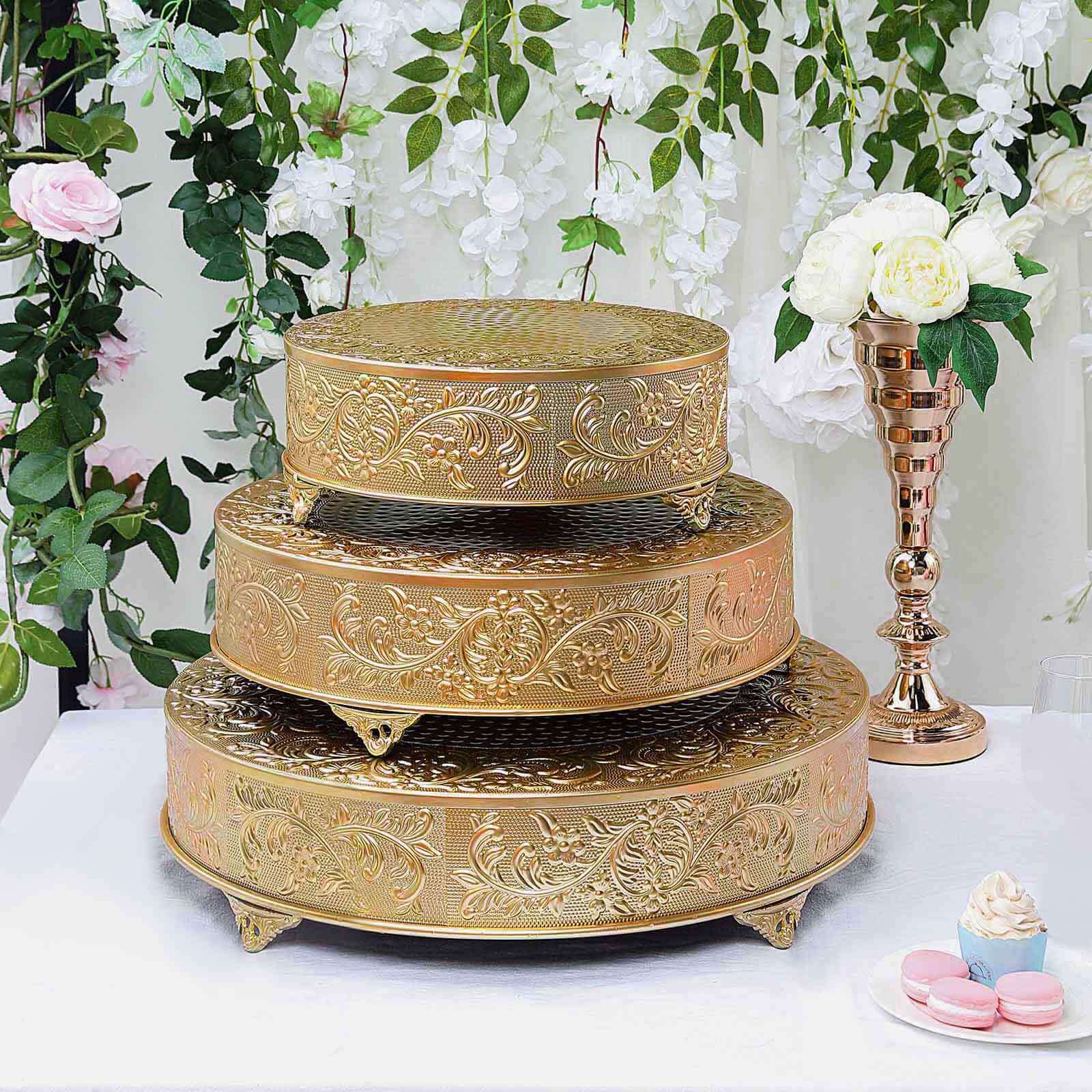 Metal Round Cake Pedestal Stand 14" Gold with Embossed Design - Decorative Matte Cupcake Display Riser Centerpiece Dessert Tray for Luxurious Event Styling - Image 7