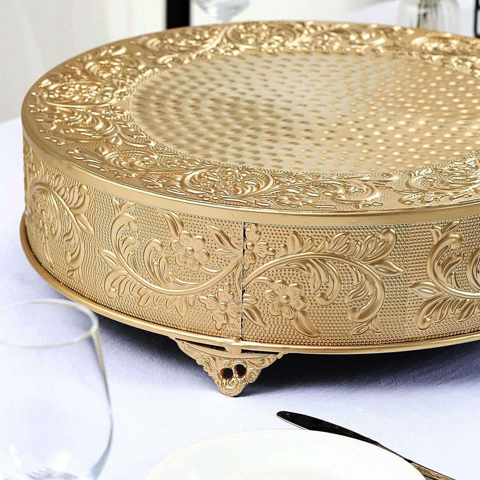 Metal Round Cake Pedestal Stand 18" Gold with Embossed Design - Decorative Matte Cupcake Display Riser Centerpiece Dessert Tray for Luxurious Event Styling - Image 2