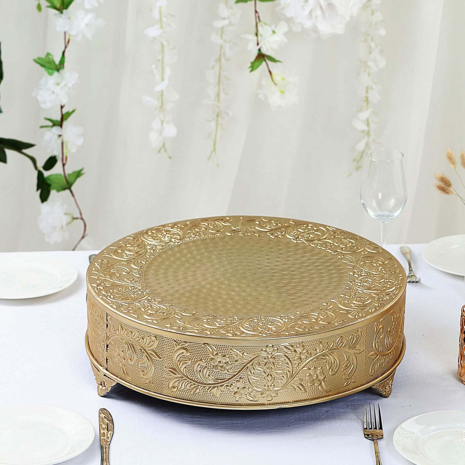 Metal Round Cake Pedestal Stand 18" Gold with Embossed Design - Decorative Matte Cupcake Display Riser Centerpiece Dessert Tray for Luxurious Event Styling - Image 6