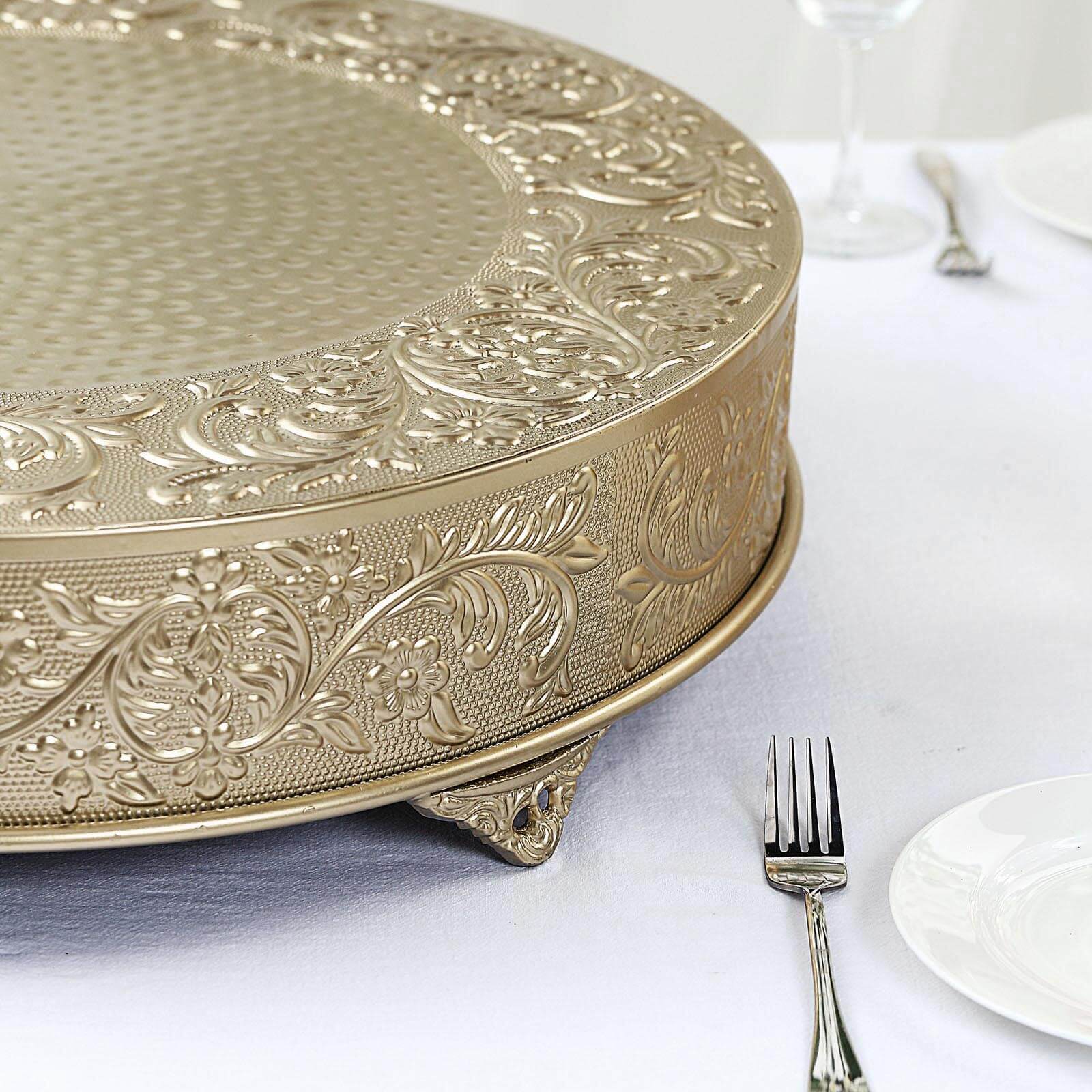 Metal Round Cake Pedestal Stand 22" Gold with Embossed Design - Decorative Matte Cupcake Display Riser Centerpiece Dessert Tray for Luxurious Event Styling - Image 2