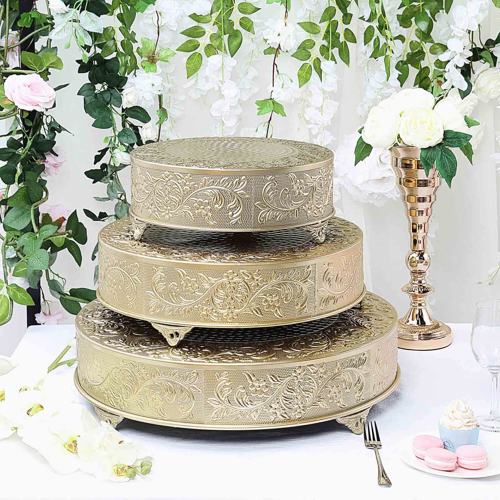 Metal Round Cake Pedestal Stand 22" Gold with Embossed Design - Decorative Matte Cupcake Display Riser Centerpiece Dessert Tray for Luxurious Event Styling - Image 7