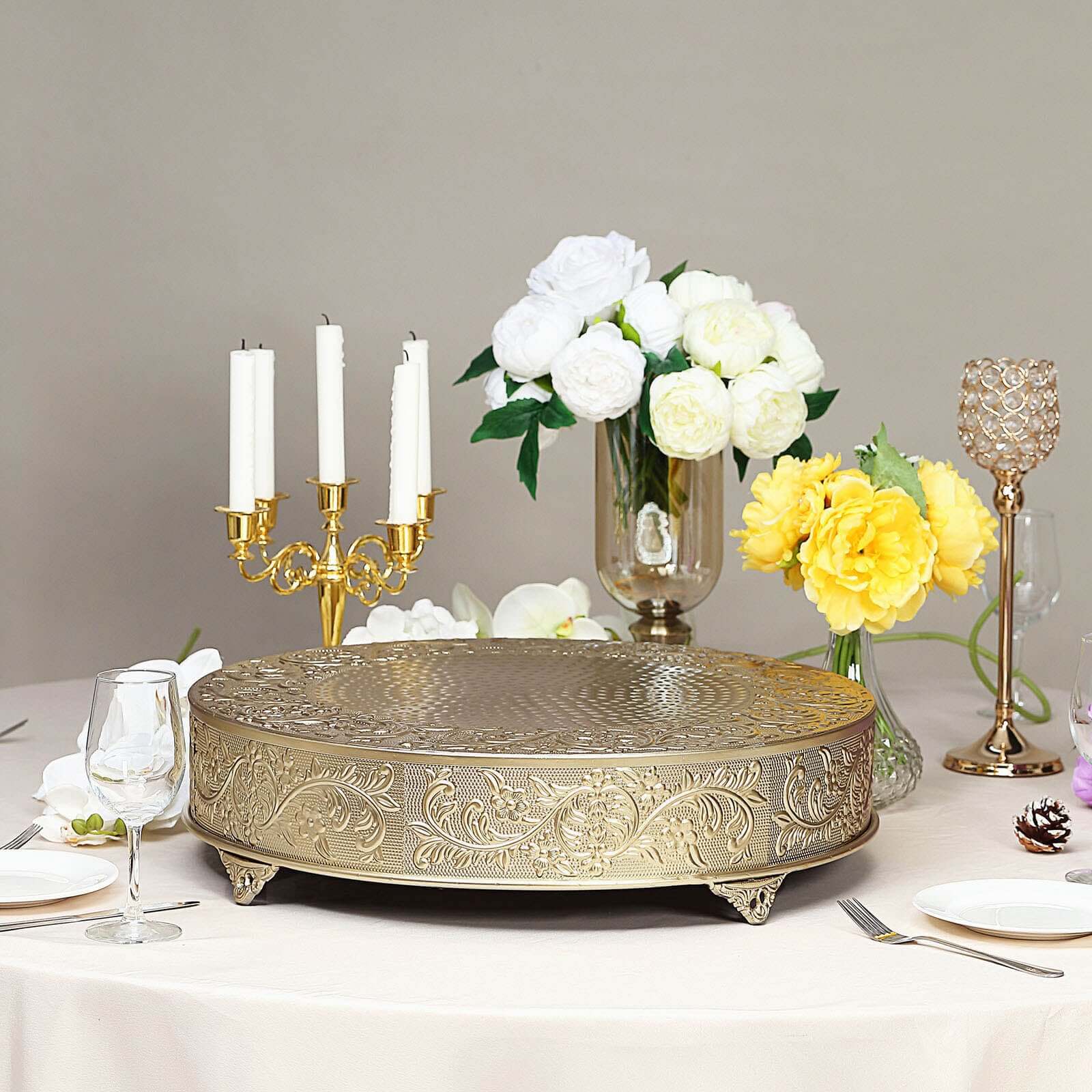 Metal Round Cake Pedestal Stand 22" Gold with Embossed Design - Decorative Matte Cupcake Display Riser Centerpiece Dessert Tray for Luxurious Event Styling - Image 8