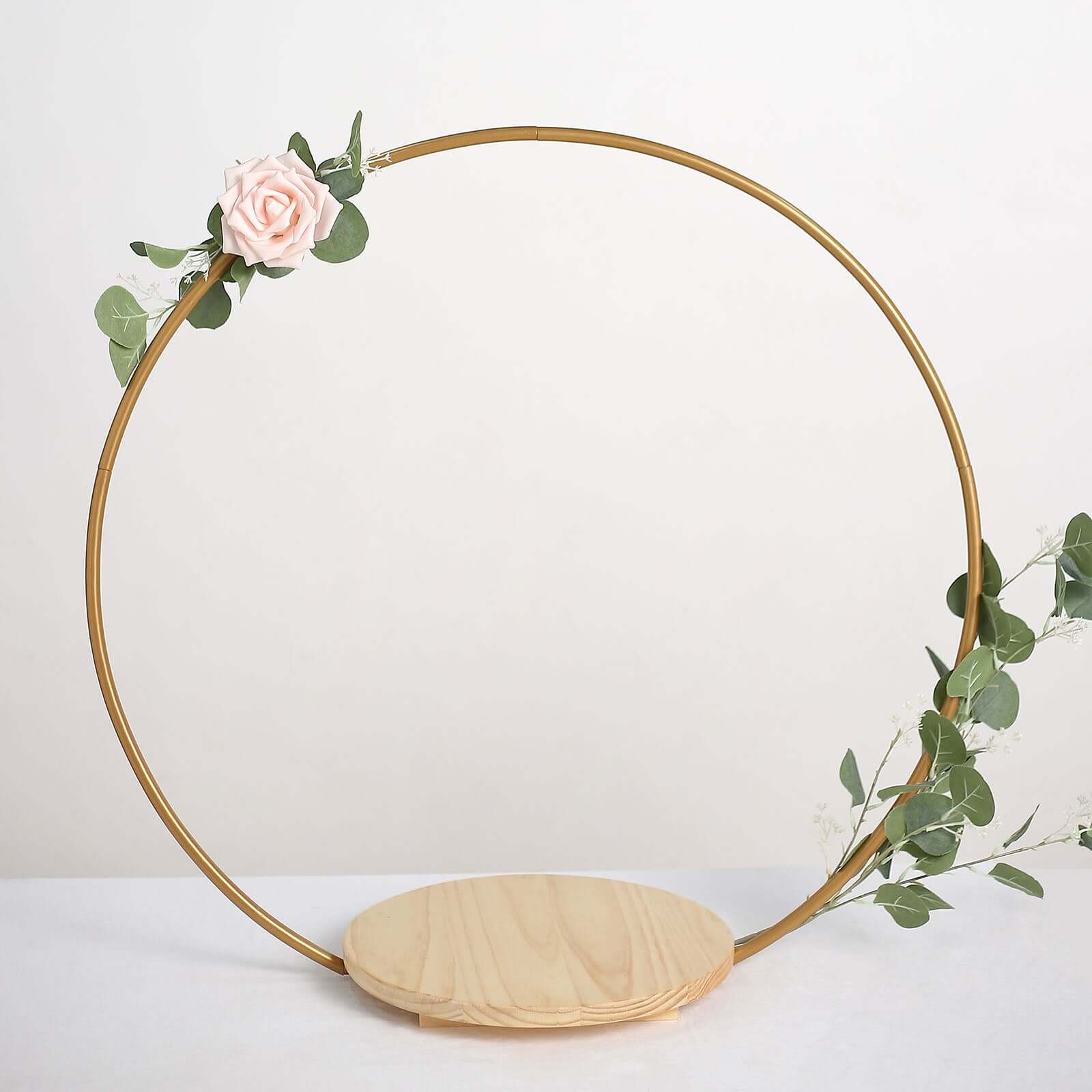 Metal Round Floral Hoop Cake Stand 33" Gold - Modern Geometric Dessert Display Centerpiece Stand With Wooden Base for Glamorous Events & Celebrations - Image 2
