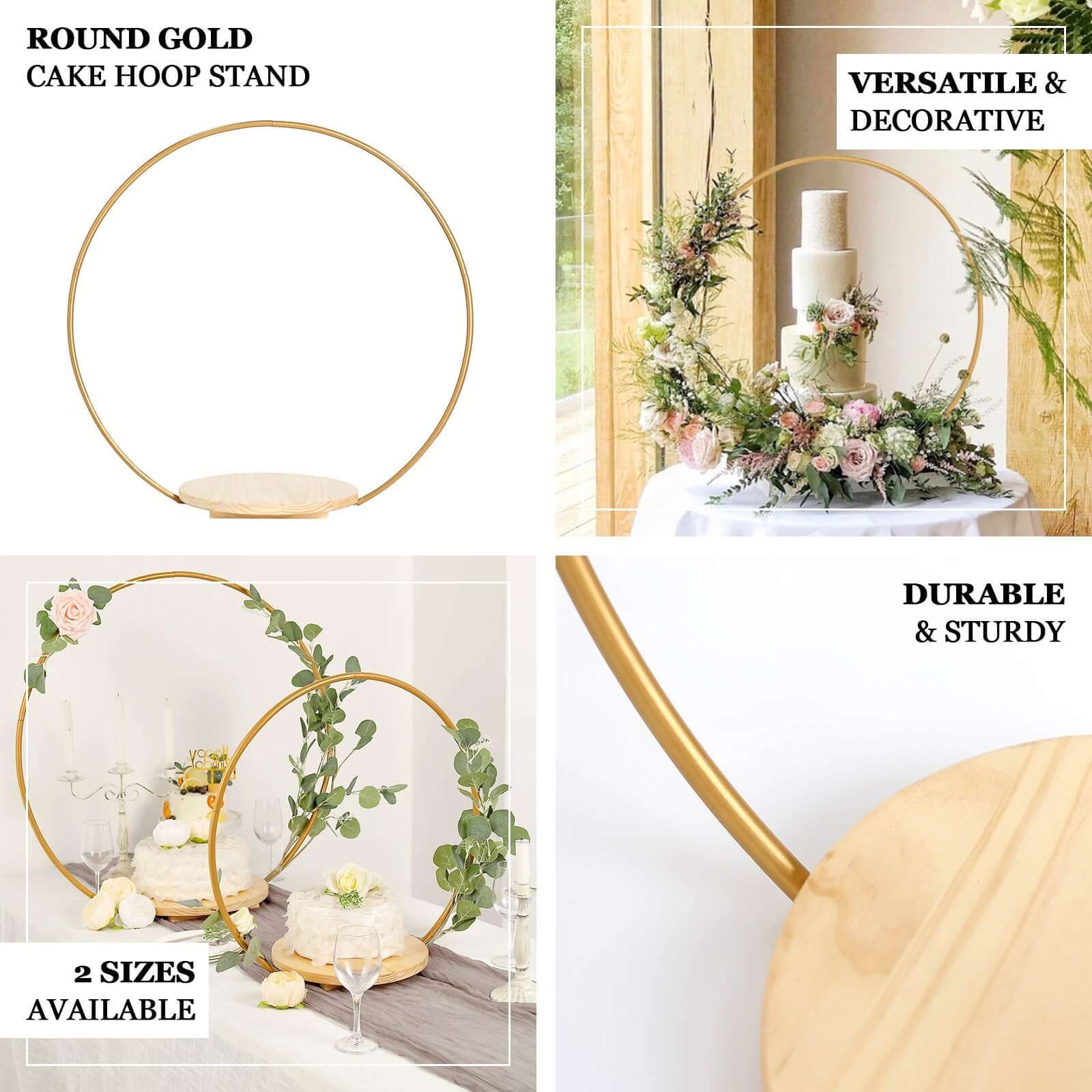 Metal Round Floral Hoop Cake Stand 33" Gold - Modern Geometric Dessert Display Centerpiece Stand With Wooden Base for Glamorous Events & Celebrations - Image 4