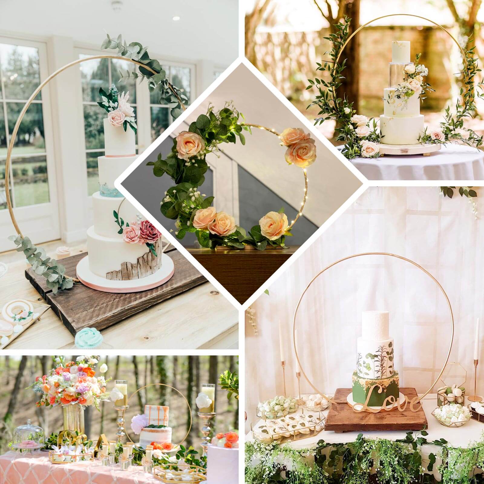 Metal Round Floral Hoop Cake Stand 33" Gold - Modern Geometric Dessert Display Centerpiece Stand With Wooden Base for Glamorous Events & Celebrations - Image 5