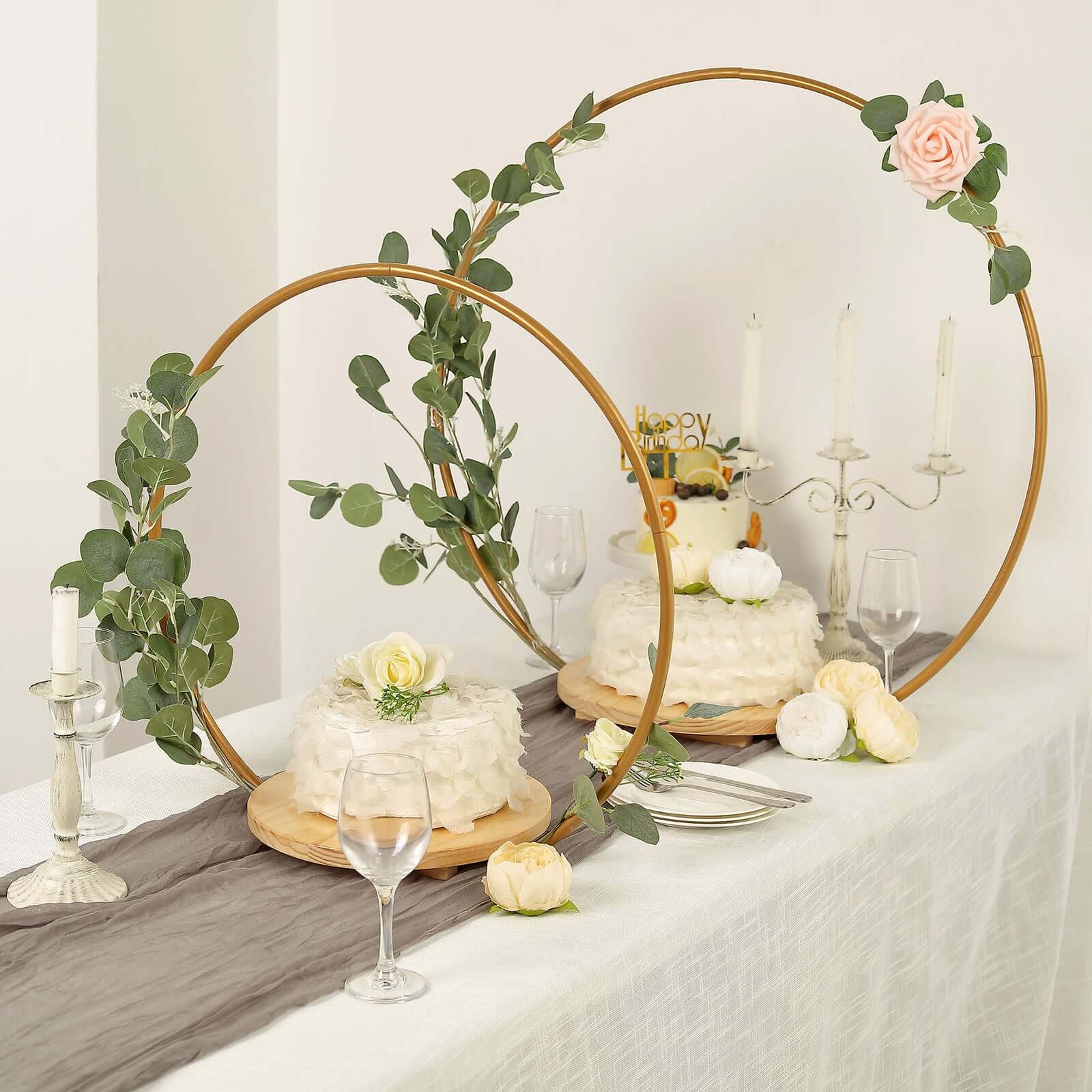 Metal Round Floral Hoop Cake Stand 33" Gold - Modern Geometric Dessert Display Centerpiece Stand With Wooden Base for Glamorous Events & Celebrations - Image 7