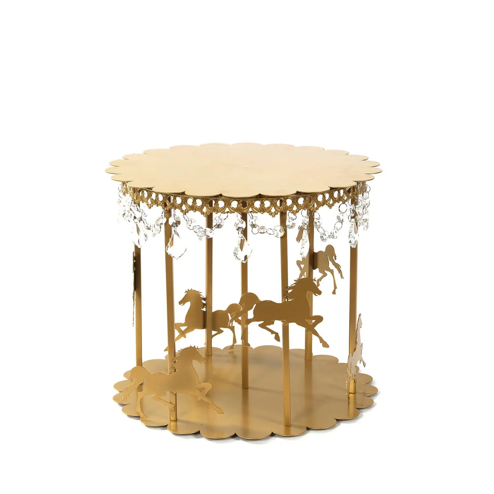 Metal Round Pedestal Cake Stand 14" Gold Carousel Design with Hanging Acrylic Beads - Glamorous Cupcake Holder Dessert Display for Buffets & Banquets - Image 2