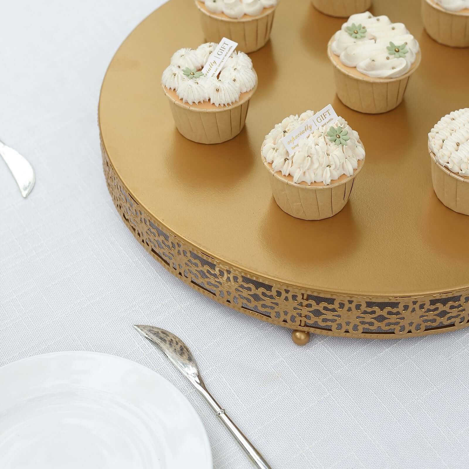 Metal Round Pedestal Cake Stand 16" Gold in Fleur De Lis Style - Decorative Cupcake Dessert Display Stand Wedding Party Table Centerpiece - Image 9