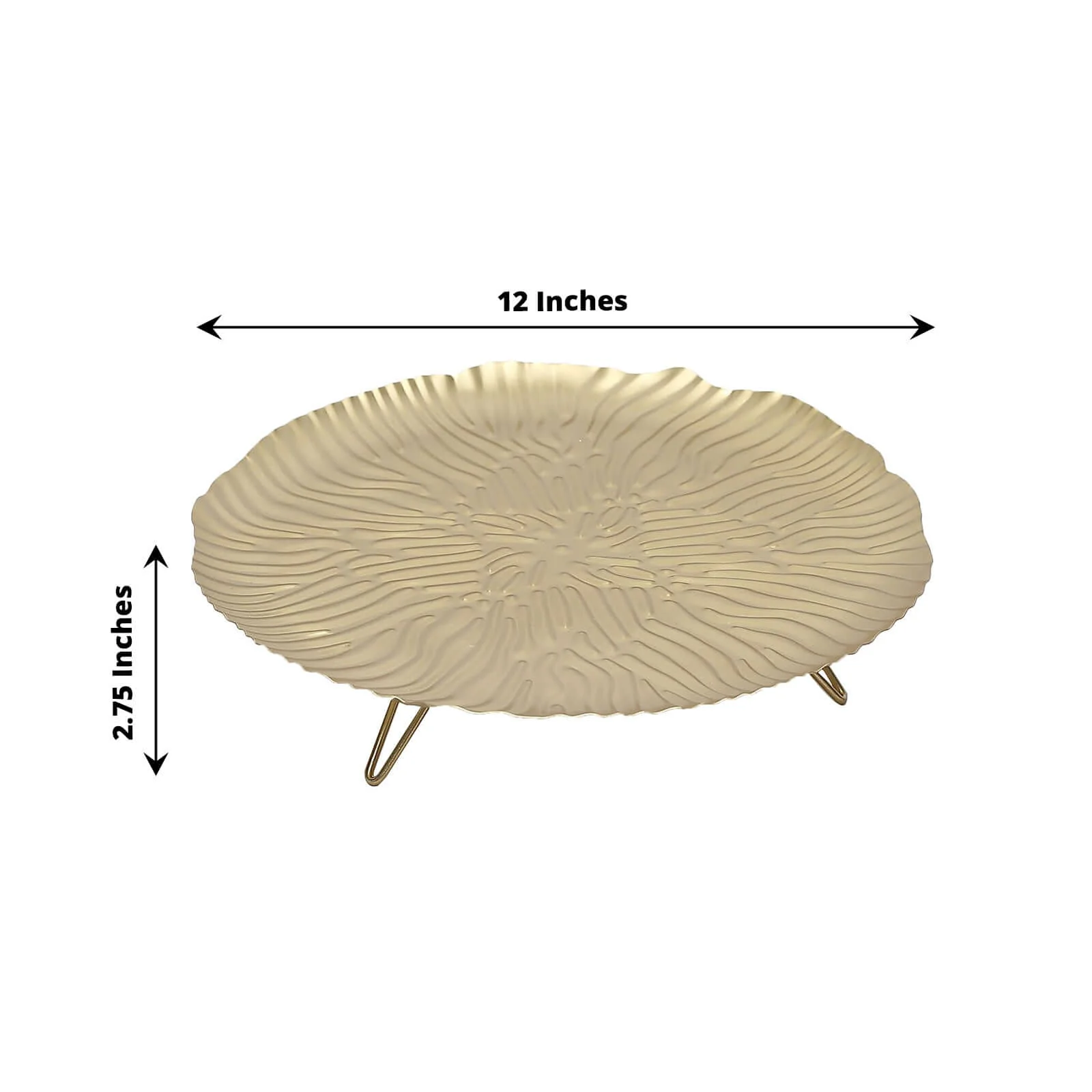 Metal Serving Tray 12" Round Gold Floral Pattern with Gold Wavy Rim - Pedestal Dessert Display with Hairpin Legs - Image 3