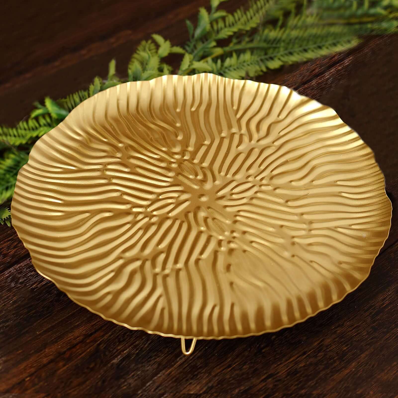 Metal Serving Tray 12" Round Gold Floral Pattern with Gold Wavy Rim - Pedestal Dessert Display with Hairpin Legs - Image 4
