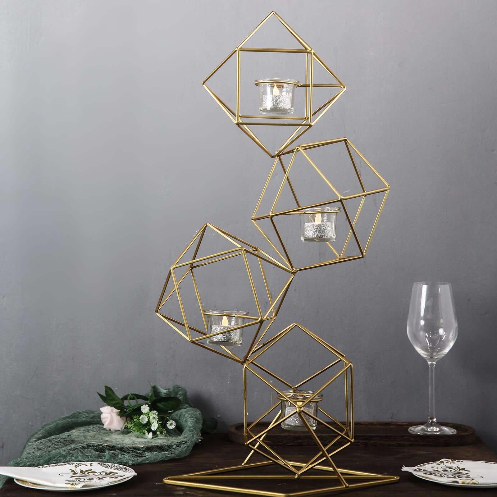 Metal Tealight Candle Holder 25" Linked Geometric Design with Votive Glass Holders Gold - Luxe Centerpieces for Weddings & Events - Image 2