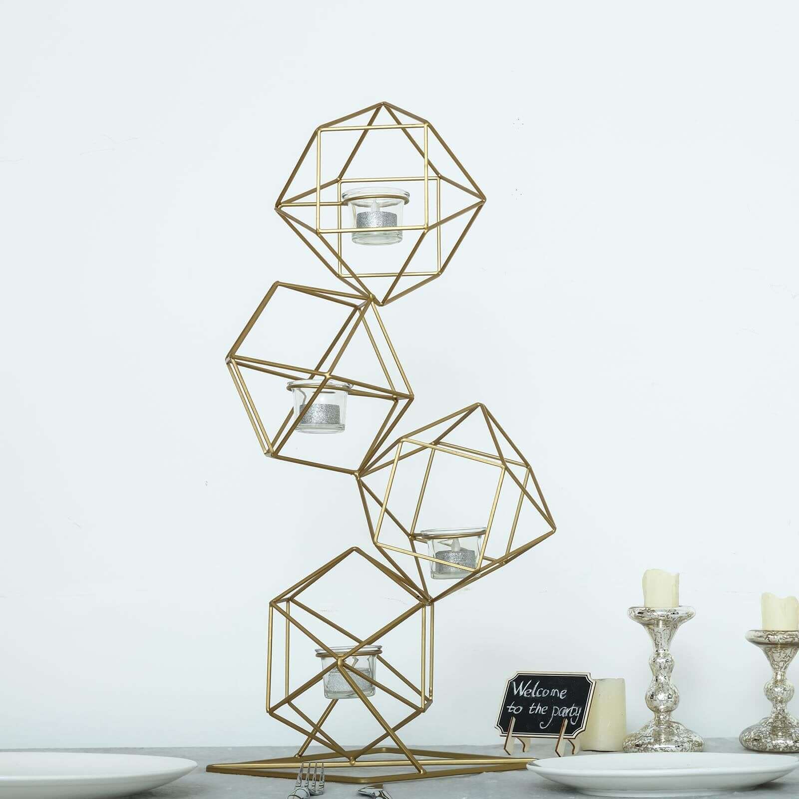 Metal Tealight Candle Holder 25" Linked Geometric Design with Votive Glass Holders Gold - Luxe Centerpieces for Weddings & Events - Image 6