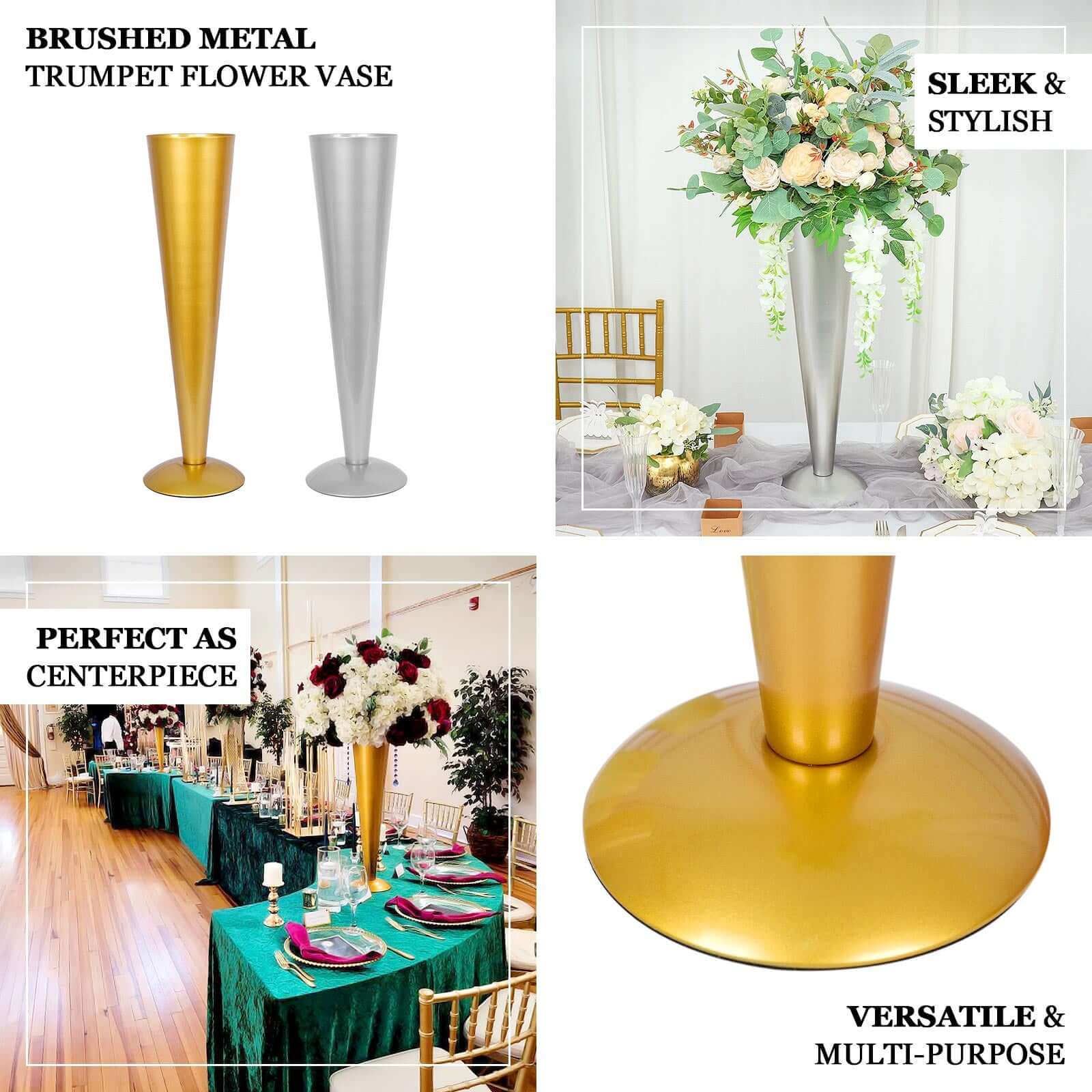 Metal Trumpet Flower Vase 28" Brushed Gold - Luxe Design for Sophisticated Event Centerpieces - Image 4