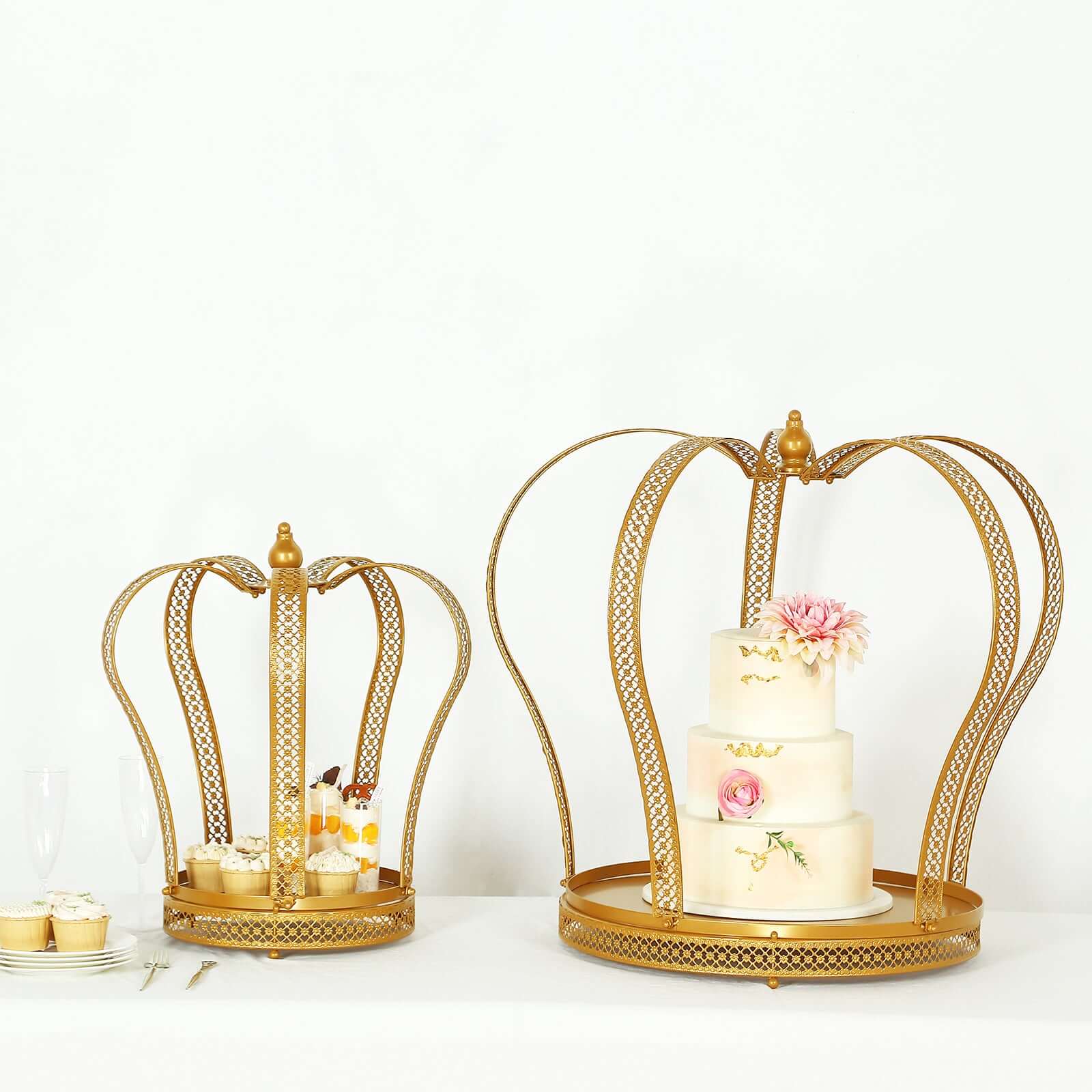 Metal Wedding Cake Stand 26" Gold Princess Crown Style - Majestic Cupcake Dessert Display Holder for Royal Themed Weddings Anniversaries & Celebrations - Image 2