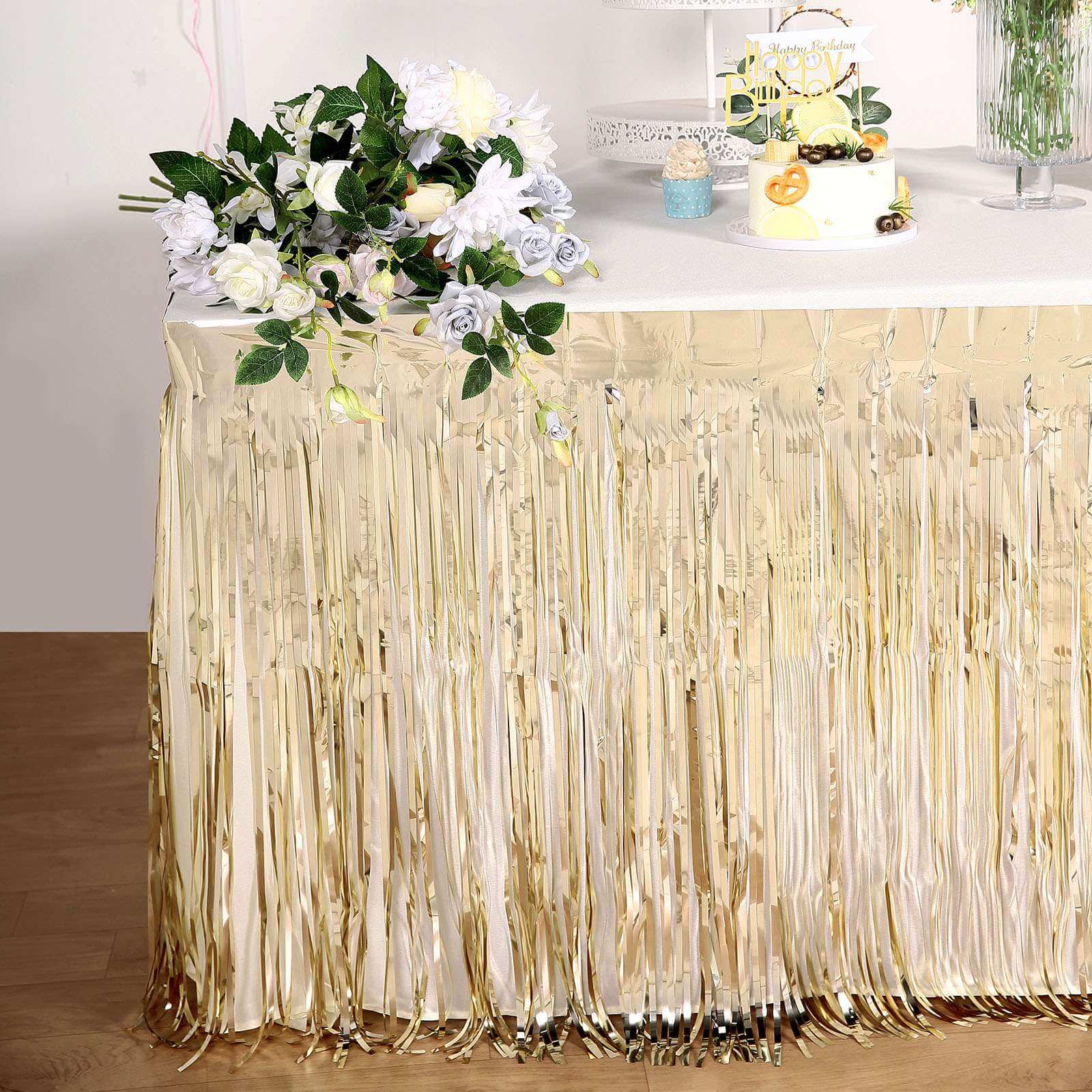Metallic Foil Fringe Table Skirt 30"x9ft Champagne with Self Adhesive Backing - Tinsel Party Table Skirt - Image 2