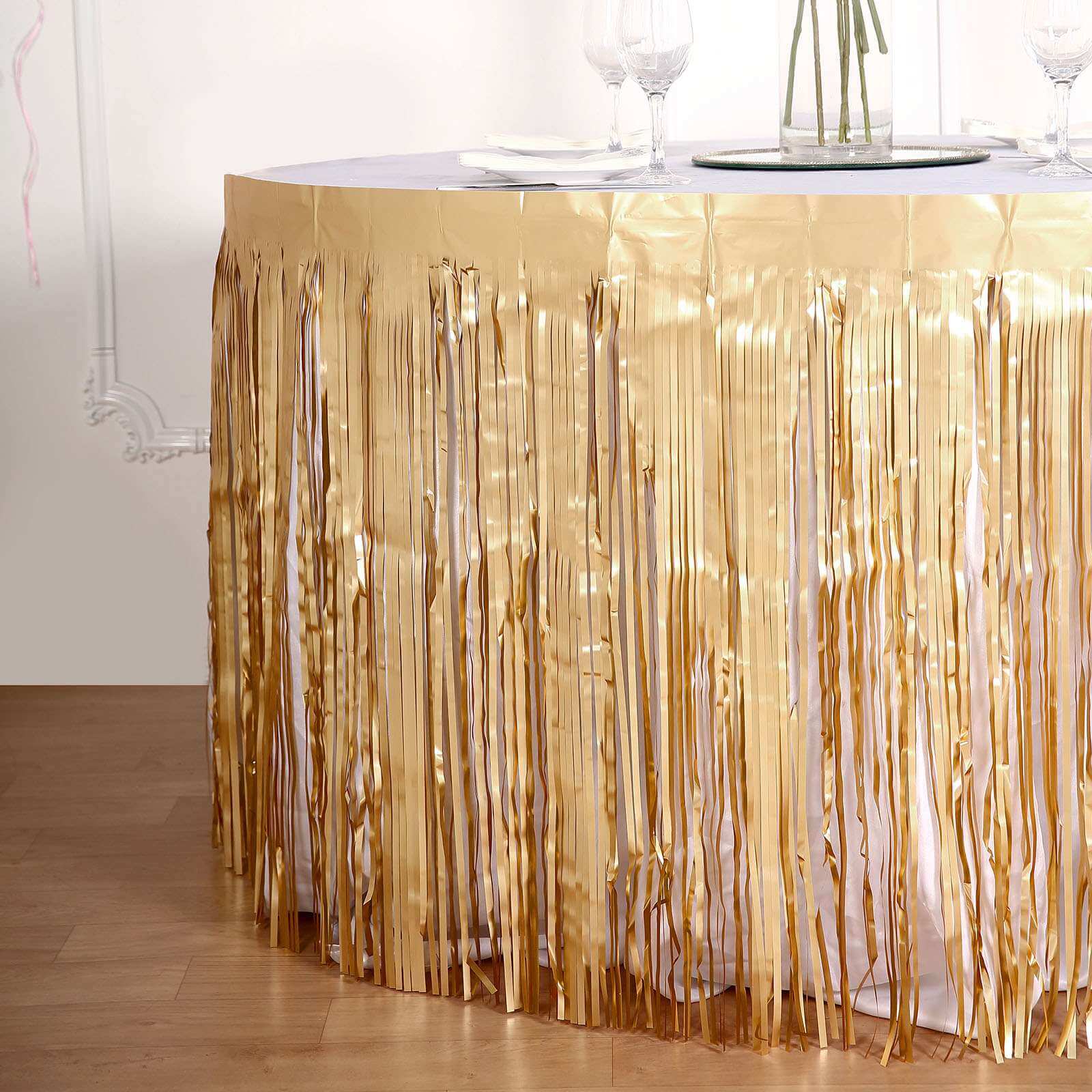 Metallic Foil Fringe Table Skirt 30"x9ft Matte Gold with Self Adhesive Backing - Tinsel Party Table Skirt - Image 10