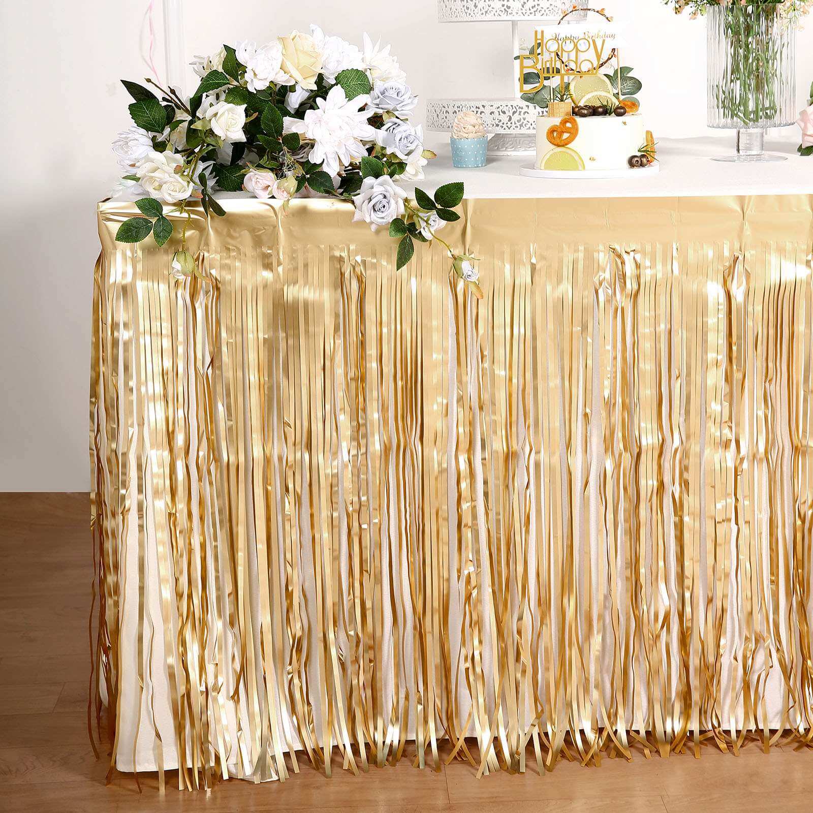 Metallic Foil Fringe Table Skirt 30"x9ft Matte Gold with Self Adhesive Backing - Tinsel Party Table Skirt - Image 2