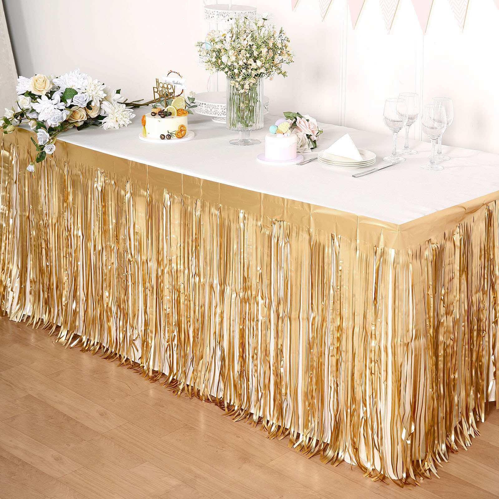 Metallic Foil Fringe Table Skirt 30"x9ft Matte Gold with Self Adhesive Backing - Tinsel Party Table Skirt - Image 5