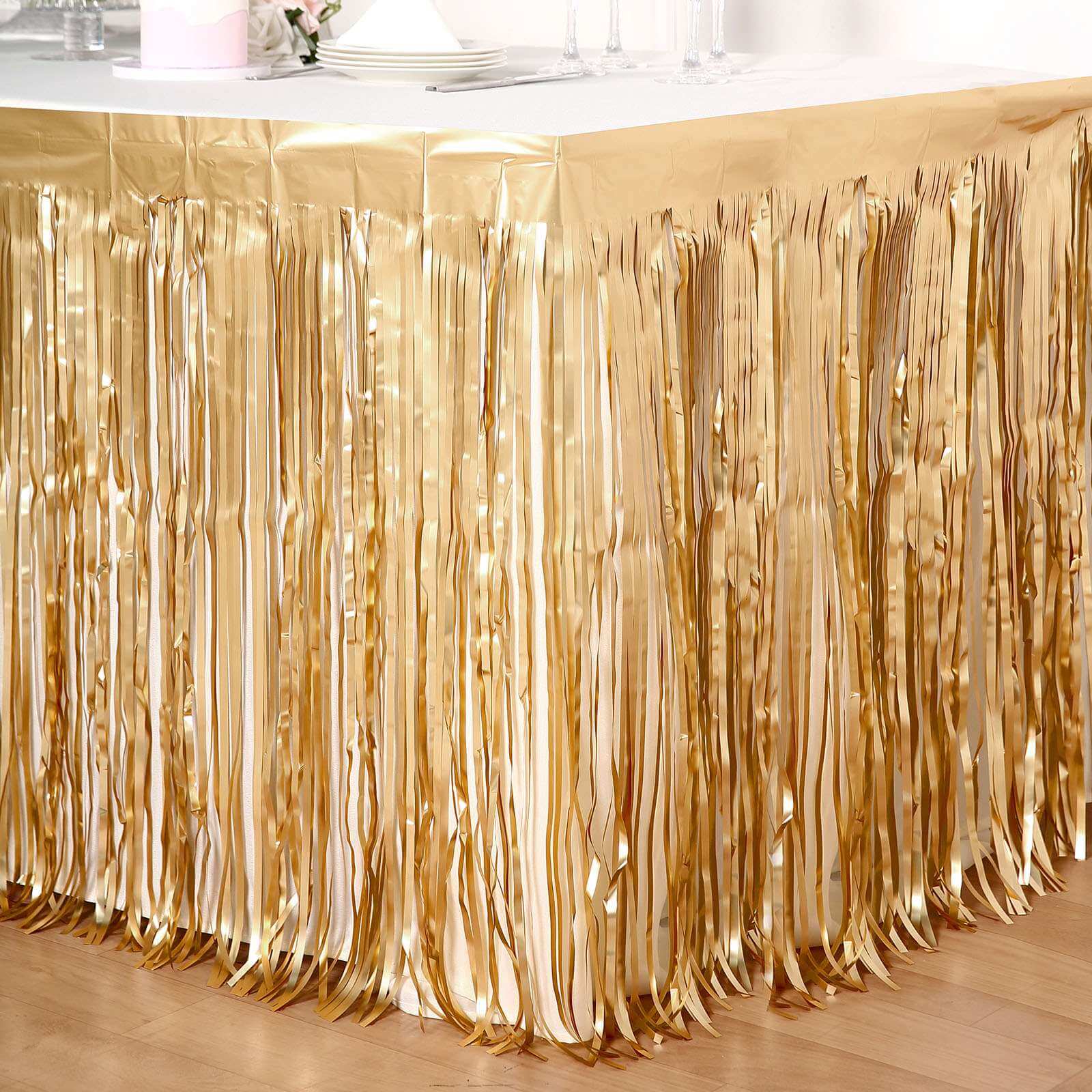 Metallic Foil Fringe Table Skirt 30"x9ft Matte Gold with Self Adhesive Backing - Tinsel Party Table Skirt - Image 8