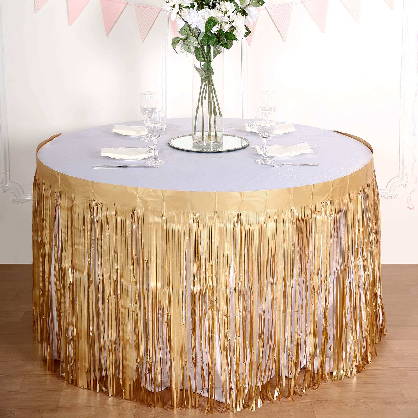 Metallic Foil Fringe Table Skirt 30"x9ft Matte Gold with Self Adhesive Backing - Tinsel Party Table Skirt - Image 9