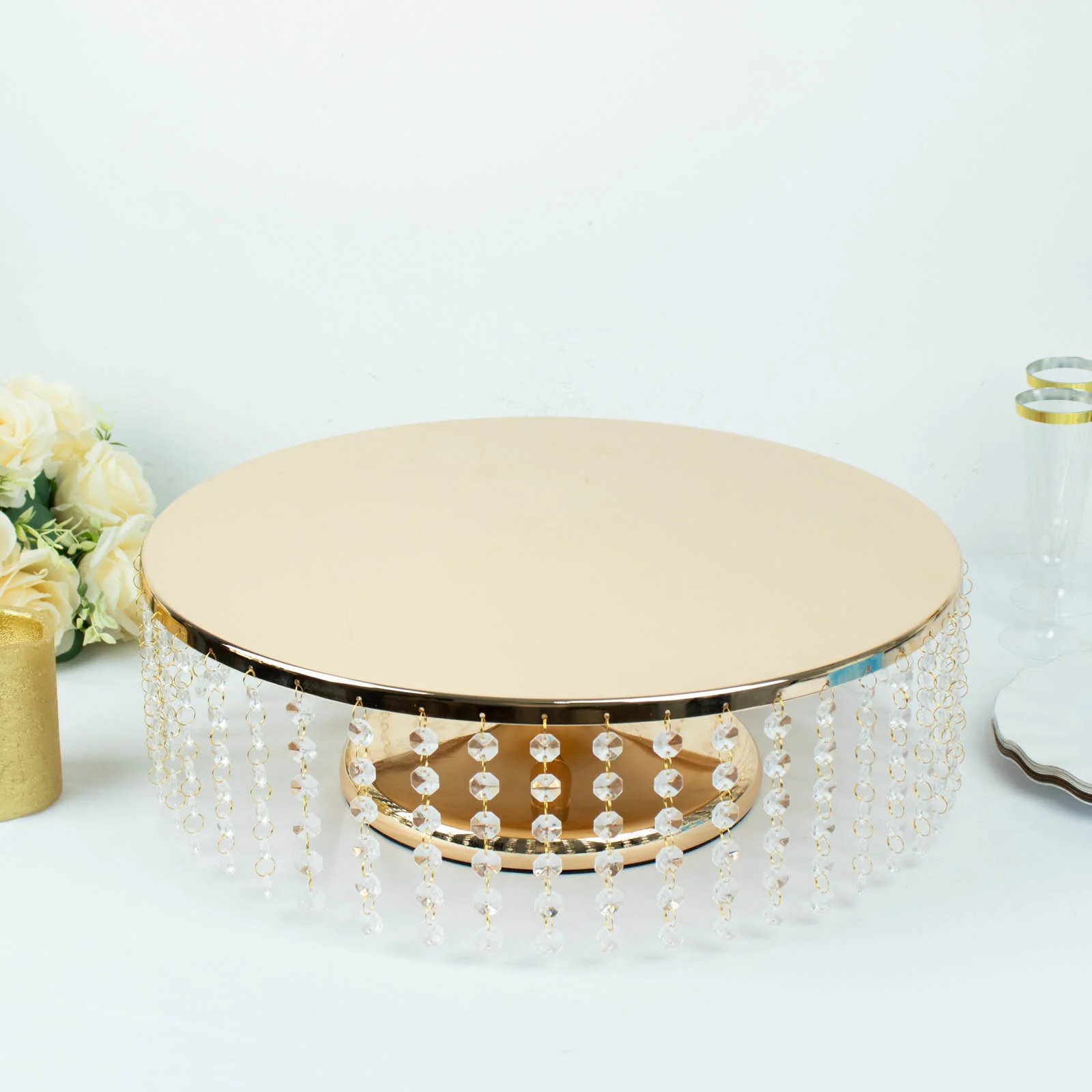 Metal Chandelier Cake Stand 18" Round Metallic Gold with Hanging Crystal Chains - Cupcake Dessert Display Centerpiece - Image 10
