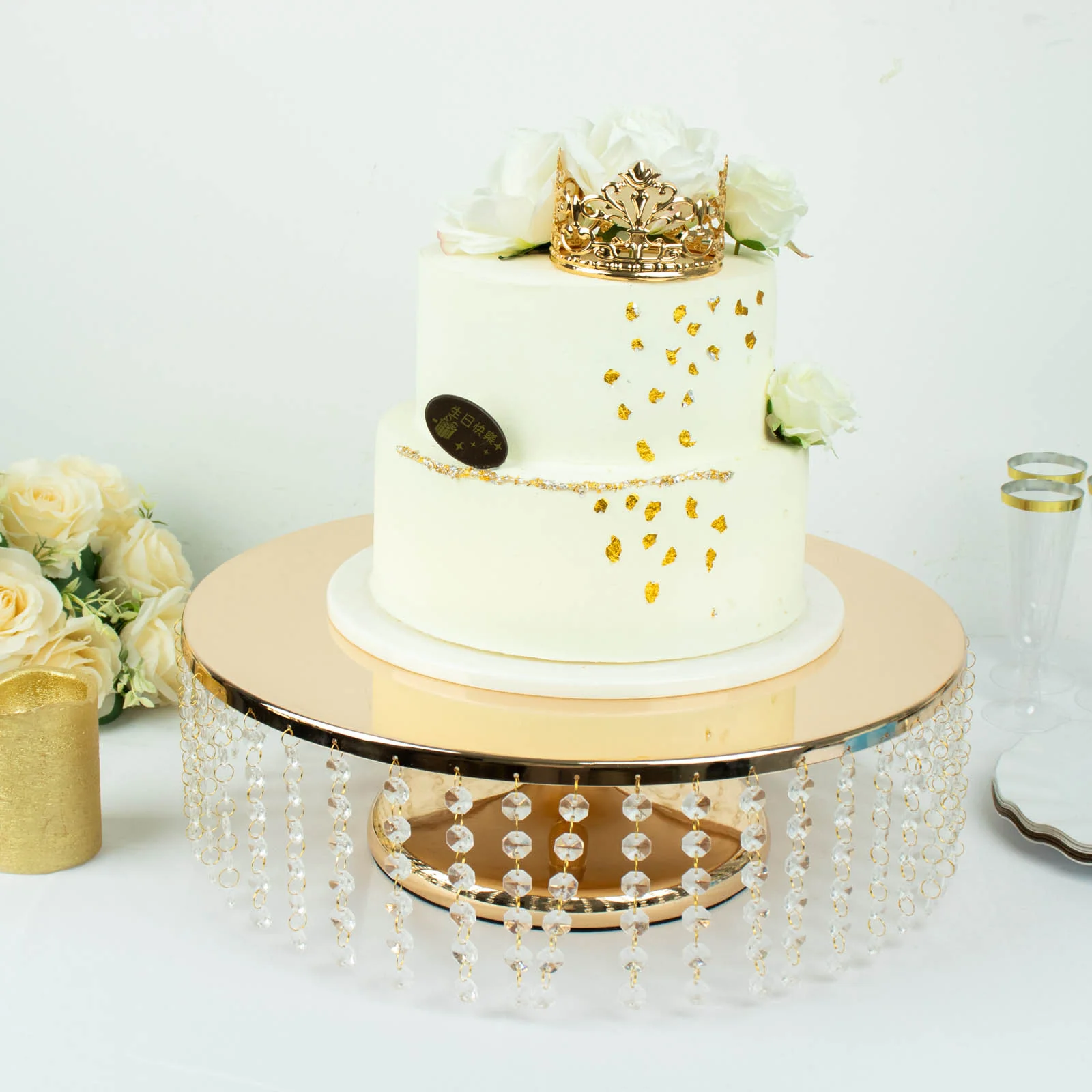 Metal Chandelier Cake Stand 18" Round Metallic Gold with Hanging Crystal Chains - Cupcake Dessert Display Centerpiece - Image 8