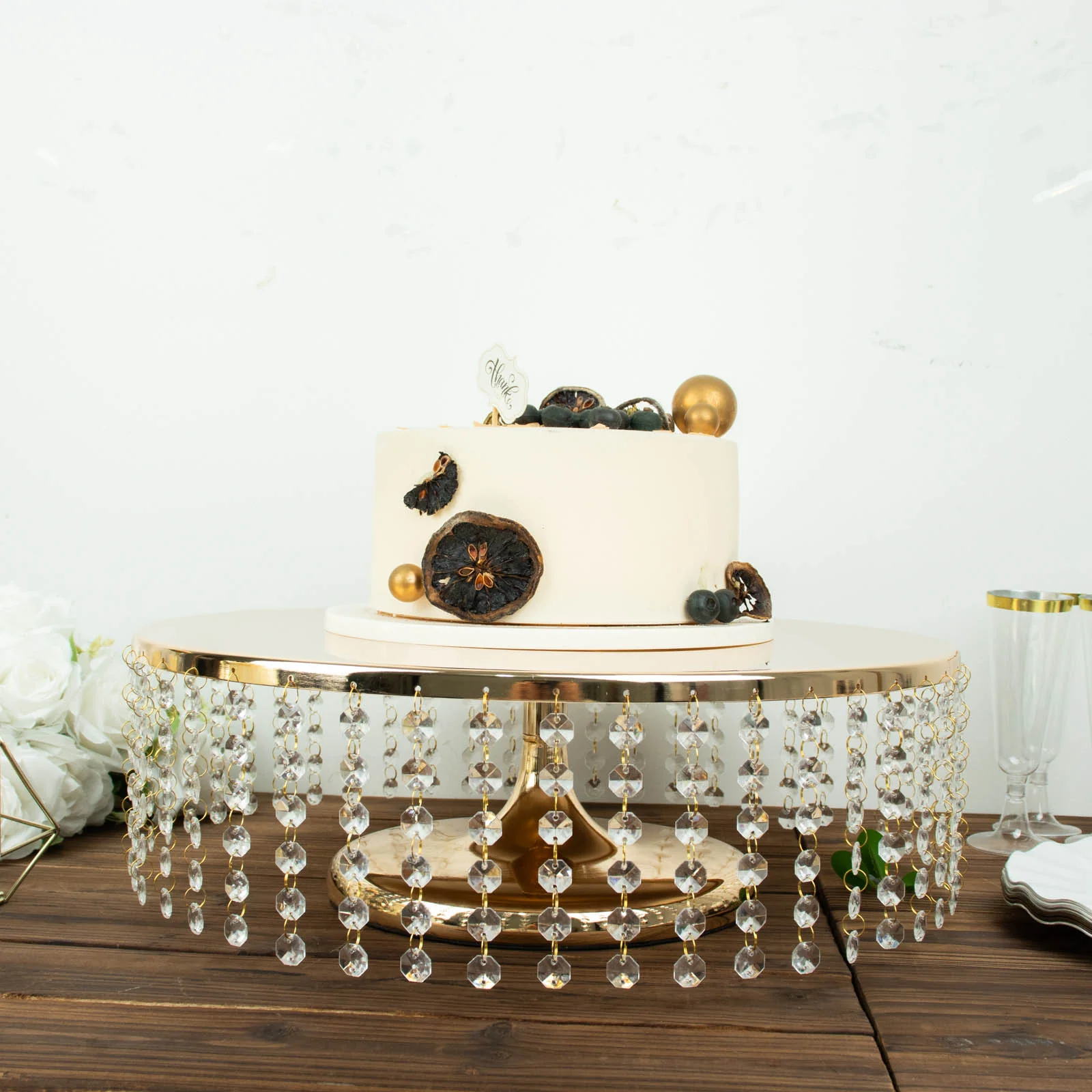 Metal Chandelier Cake Stand 18" Round Metallic Gold with Hanging Crystal Chains - Cupcake Dessert Display Centerpiece - Image 9