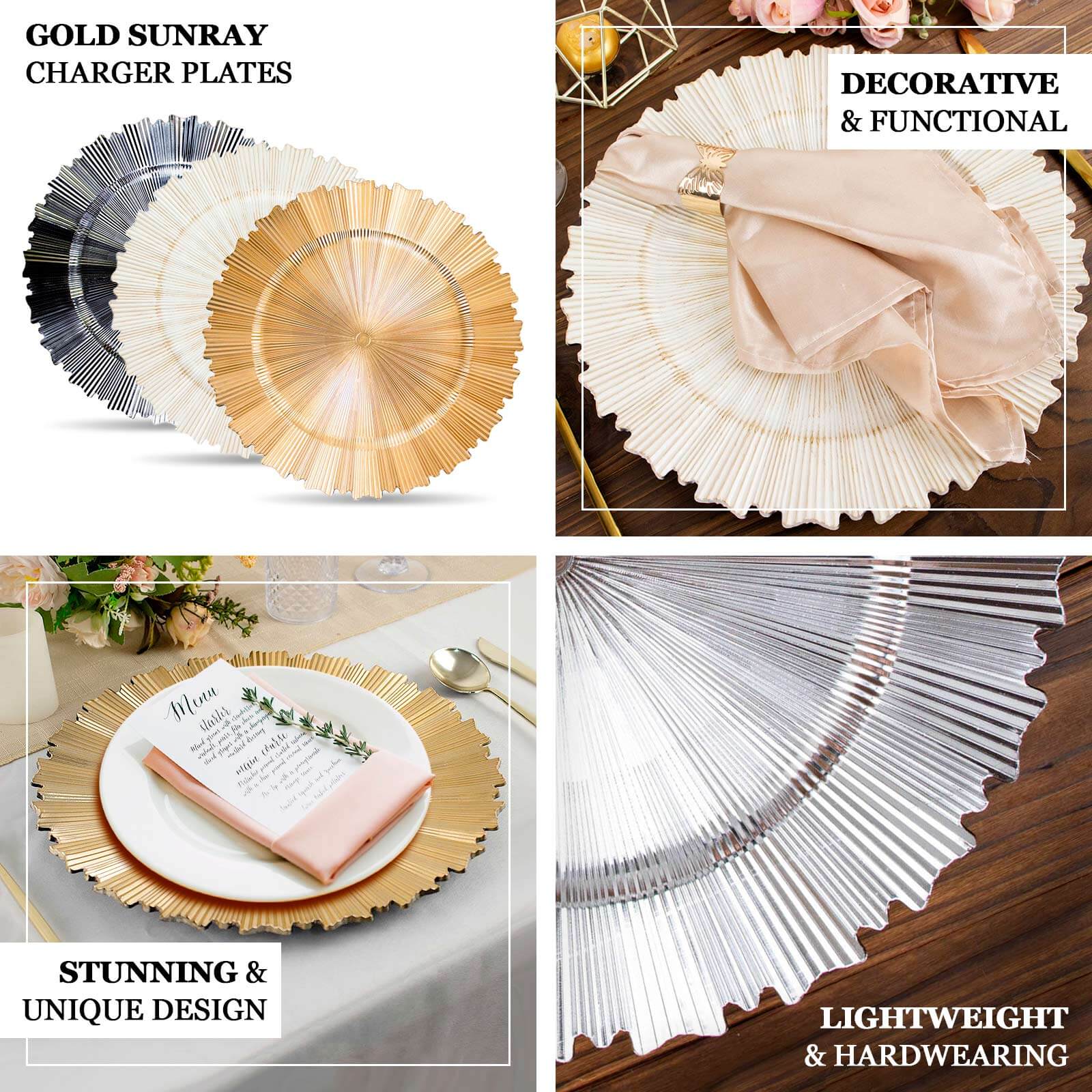 6-Pack Acrylic Plastic Charger Plates 13" Round Metallic Silver with Sunray Scalloped Rim - Dinner Charger Tableware - Image 4