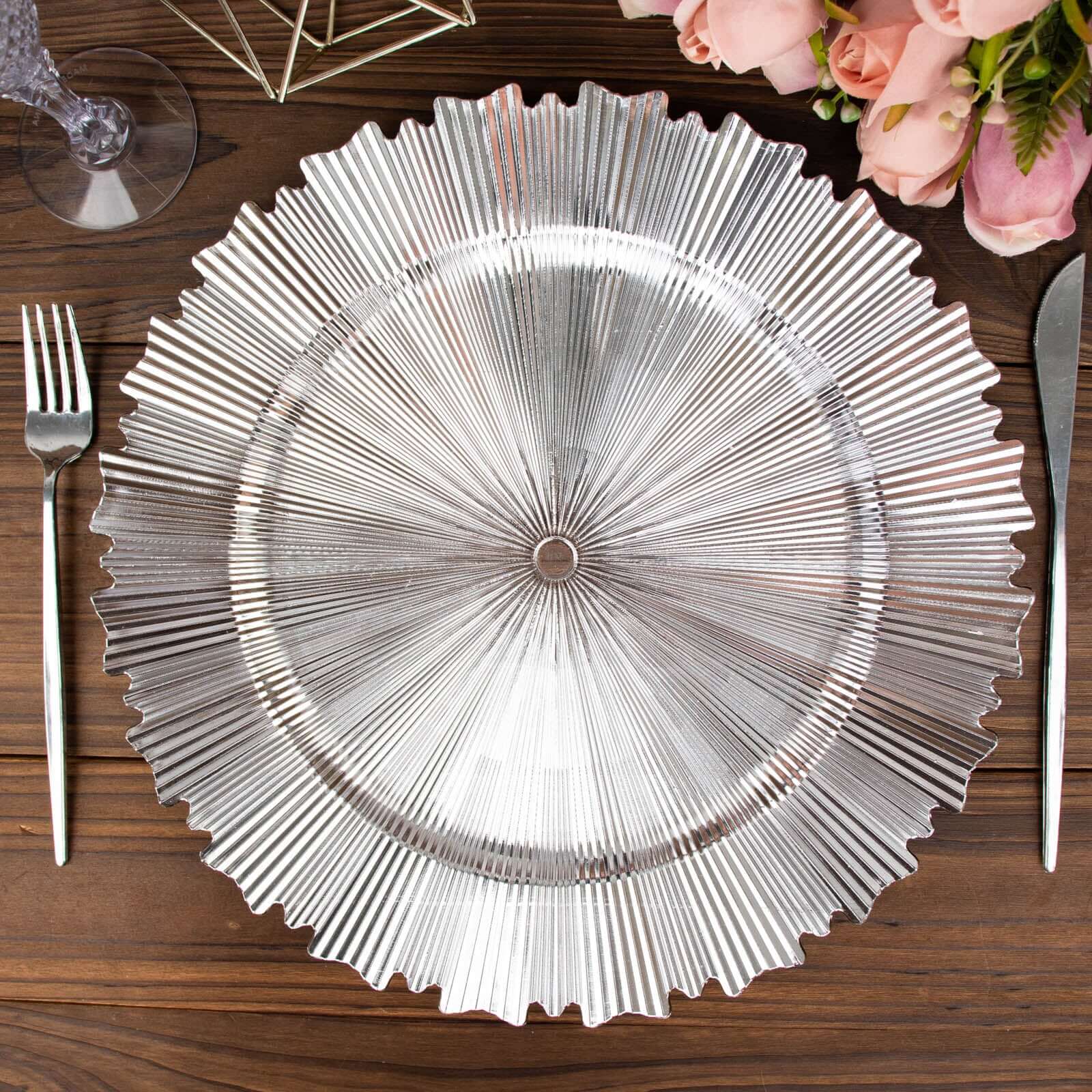 6-Pack Acrylic Plastic Charger Plates 13" Round Metallic Silver with Sunray Scalloped Rim - Dinner Charger Tableware - Image 7