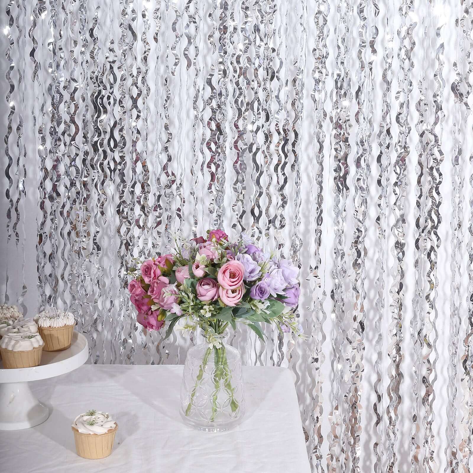 Metallic Silver Wavy Tinsel Streamer Party Backdrop, Curly Foil Fringe Photo Booth Curtain 3ftx6ft - Image 5