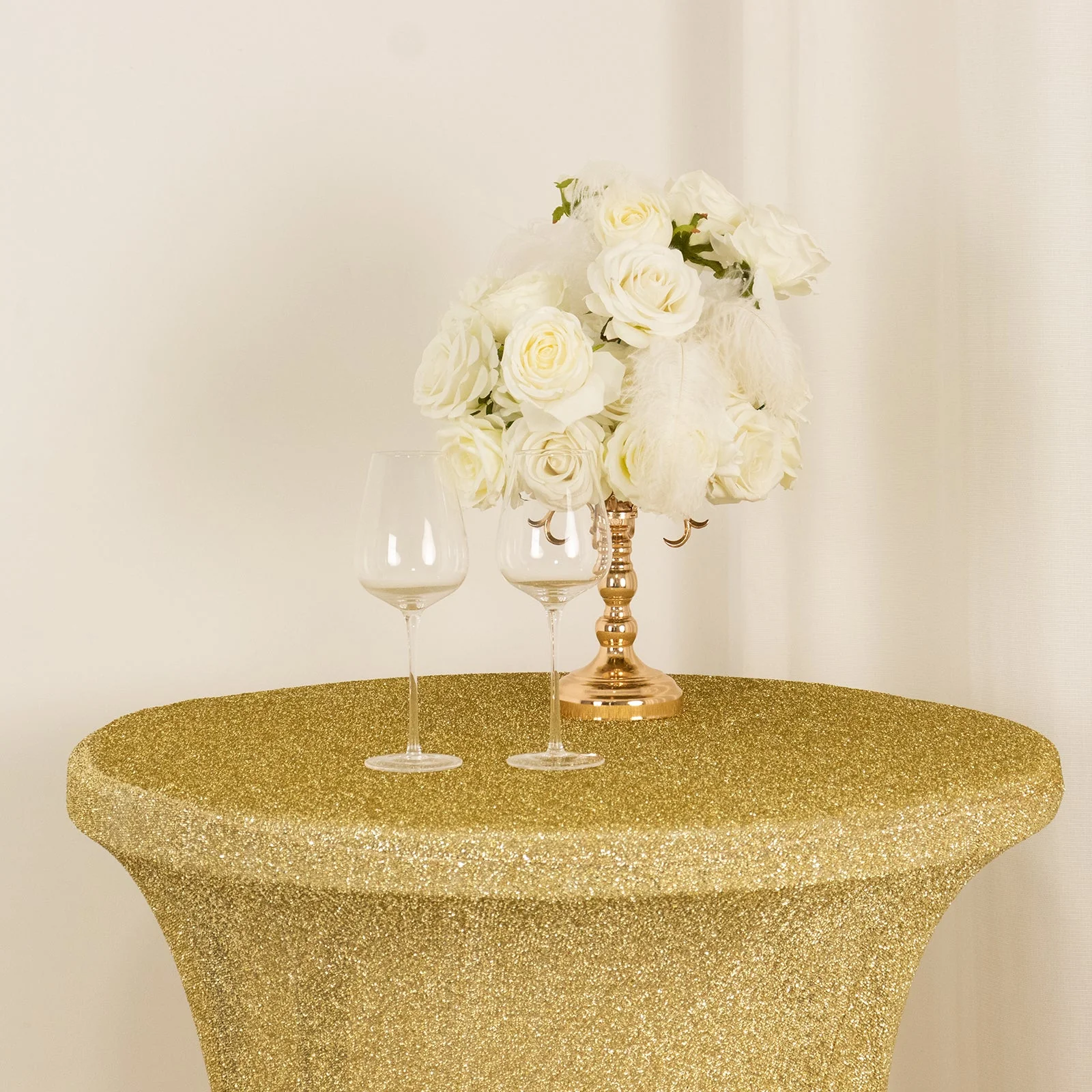 Metallic Spandex Fitted Glitter Cocktail Table Cover 36" Round Champagne - Exquisite Stretch Fit for High Top Tables - Image 5
