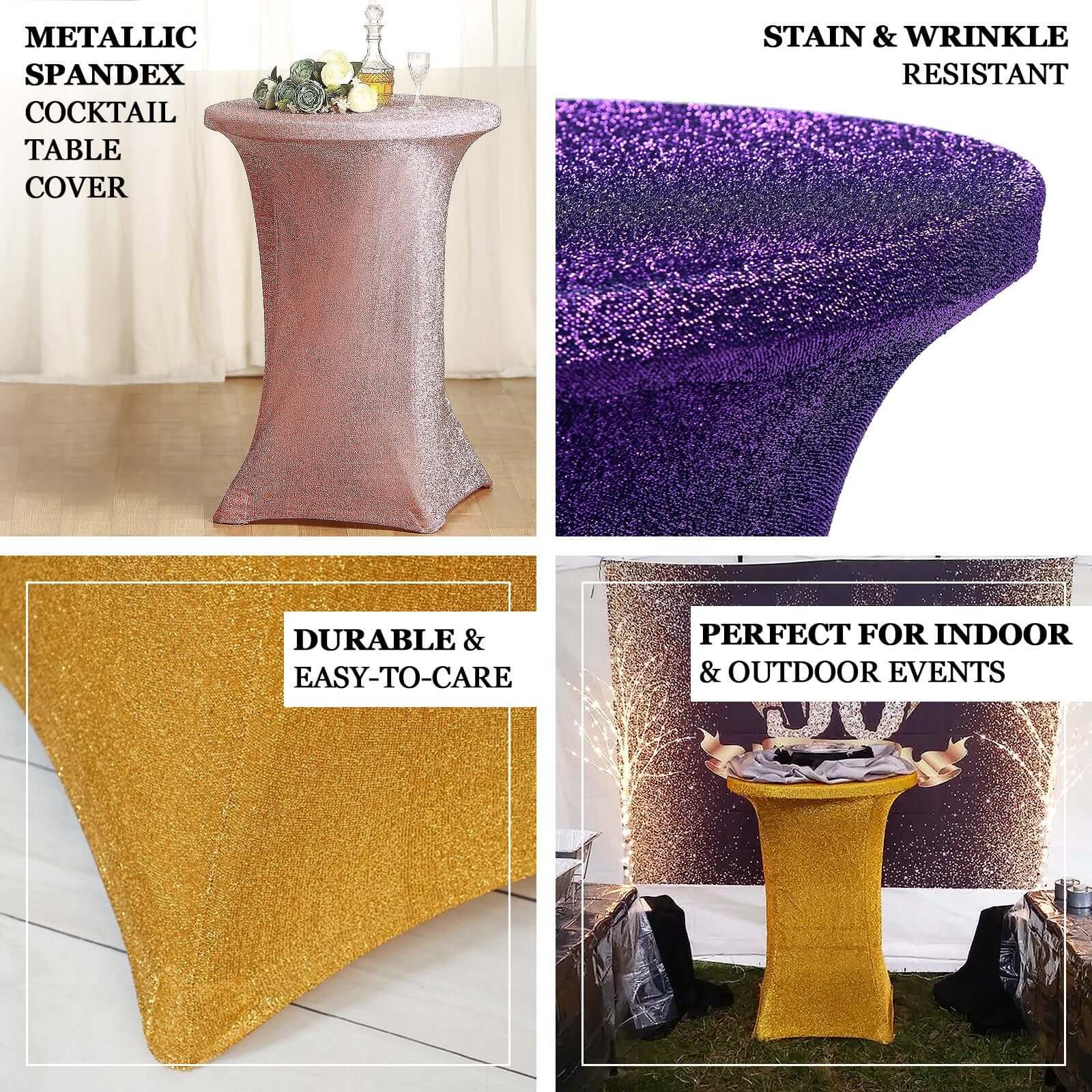 Metallic Spandex Fitted Glitter Cocktail Table Cover 36" Round Rose Gold - Exquisite Stretch Fit for High Top Tables - Image 3