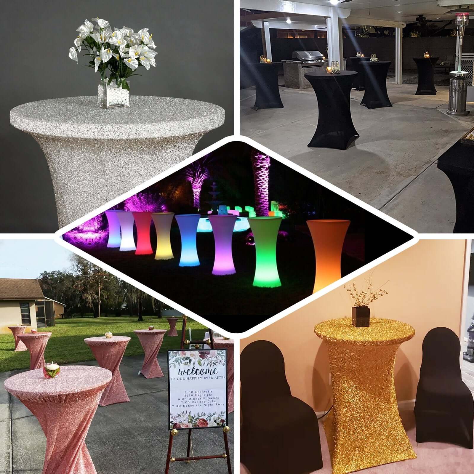 Metallic Spandex Fitted Glitter Cocktail Table Cover 36" Round Rose Gold - Exquisite Stretch Fit for High Top Tables - Image 4