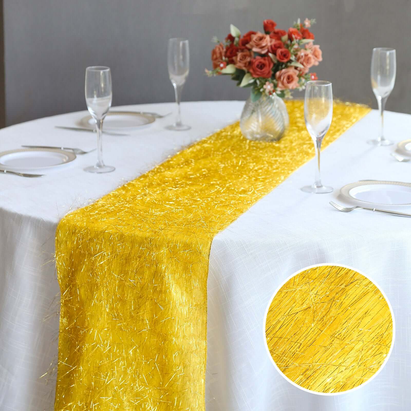 Metallic Tinsel Table Runner 12"x108" Gold Fringe Shag - Shimmery Polyester Event Table Linen - Image 2