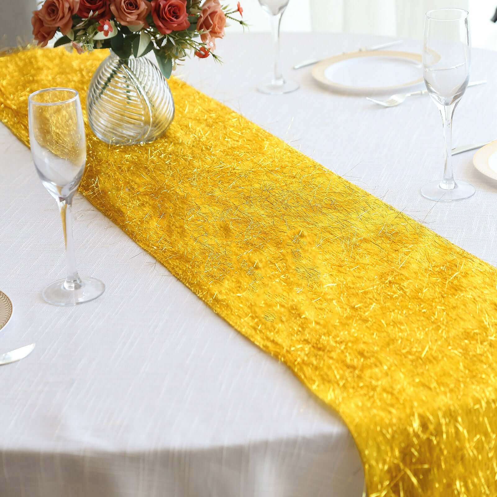 Metallic Tinsel Table Runner 12"x108" Gold Fringe Shag - Shimmery Polyester Event Table Linen - Image 4