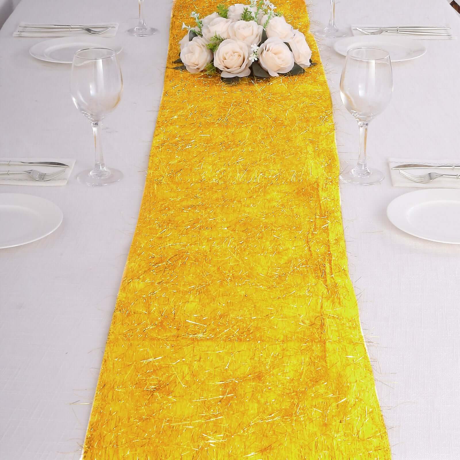 Metallic Tinsel Table Runner 12"x108" Gold Fringe Shag - Shimmery Polyester Event Table Linen - Image 9