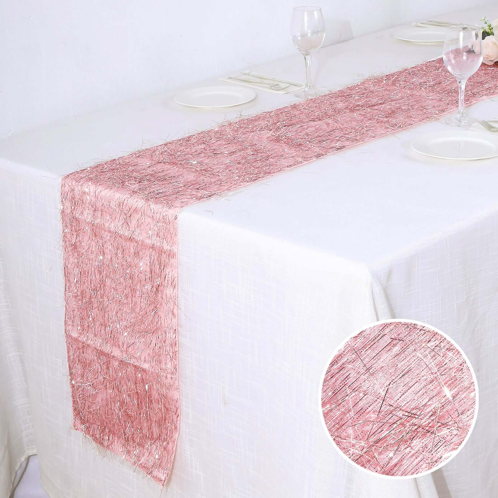 Metallic Tinsel Table Runner 12"x108" Rose Gold Fringe Shag - Shimmery Polyester Linen