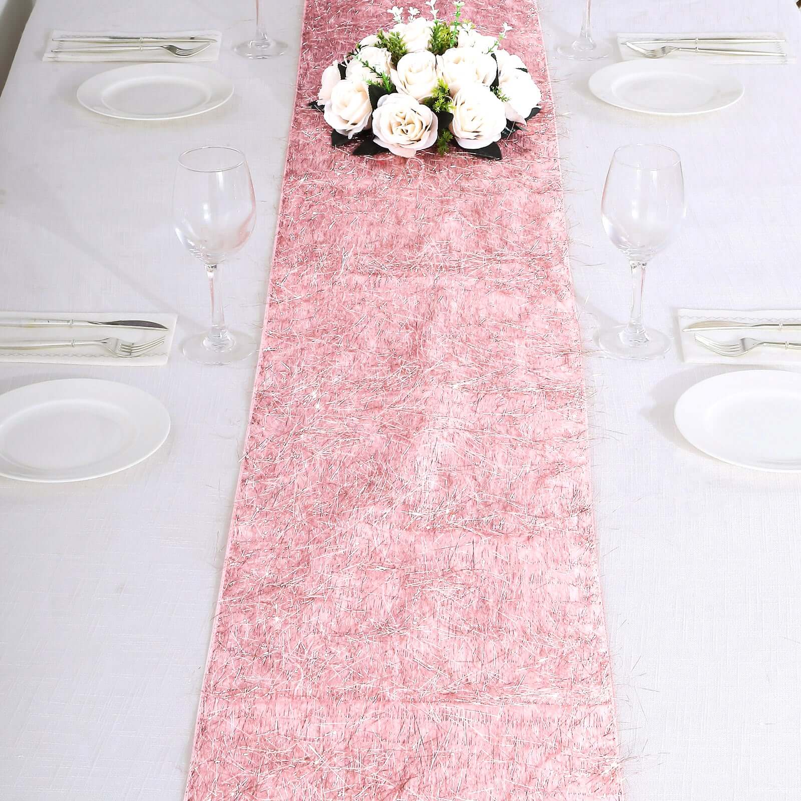 Metallic Tinsel Table Runner 12"x108" Rose Gold Fringe Shag - Shimmery Polyester Linen - Image 3