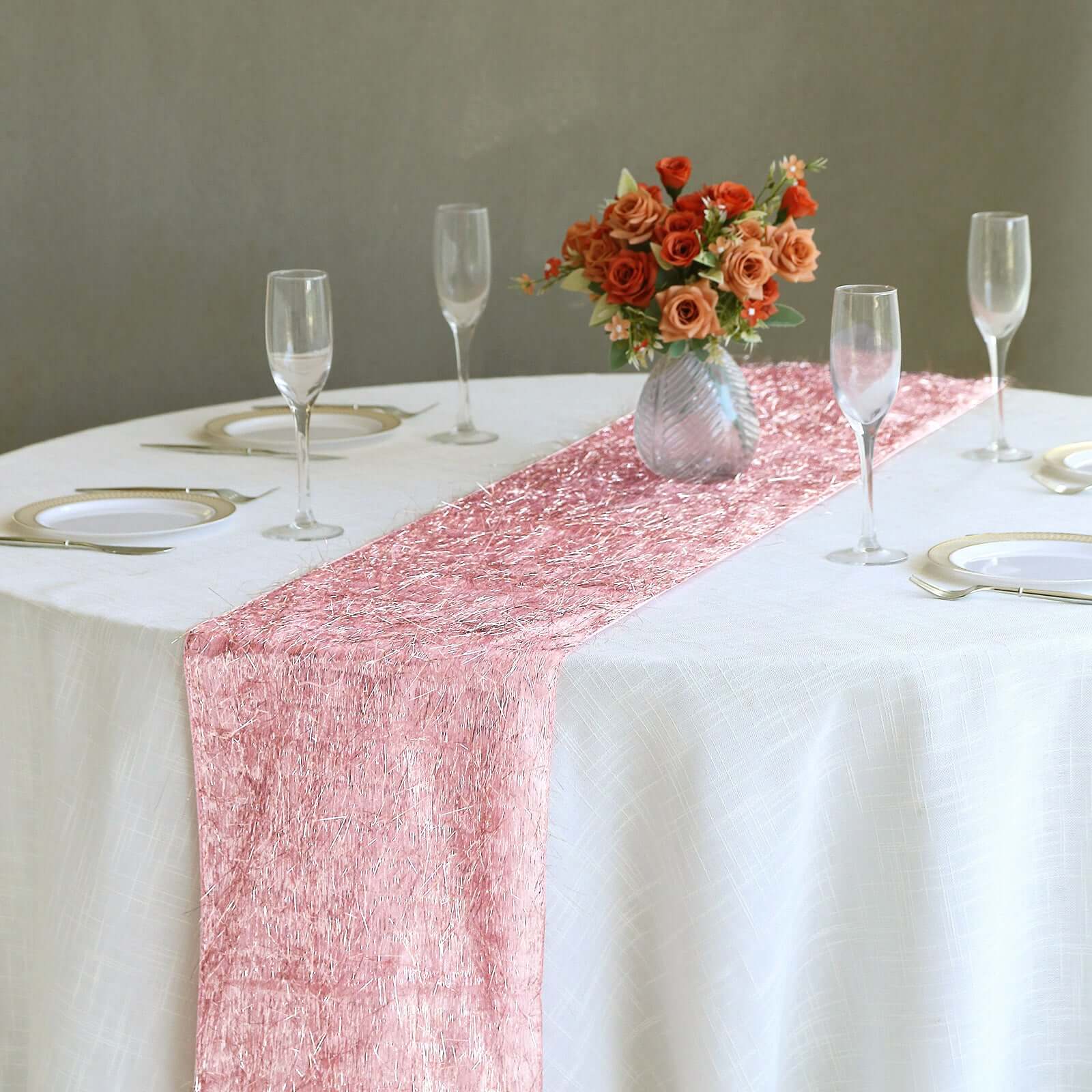 Metallic Tinsel Table Runner 12"x108" Rose Gold Fringe Shag - Shimmery Polyester Linen - Image 6