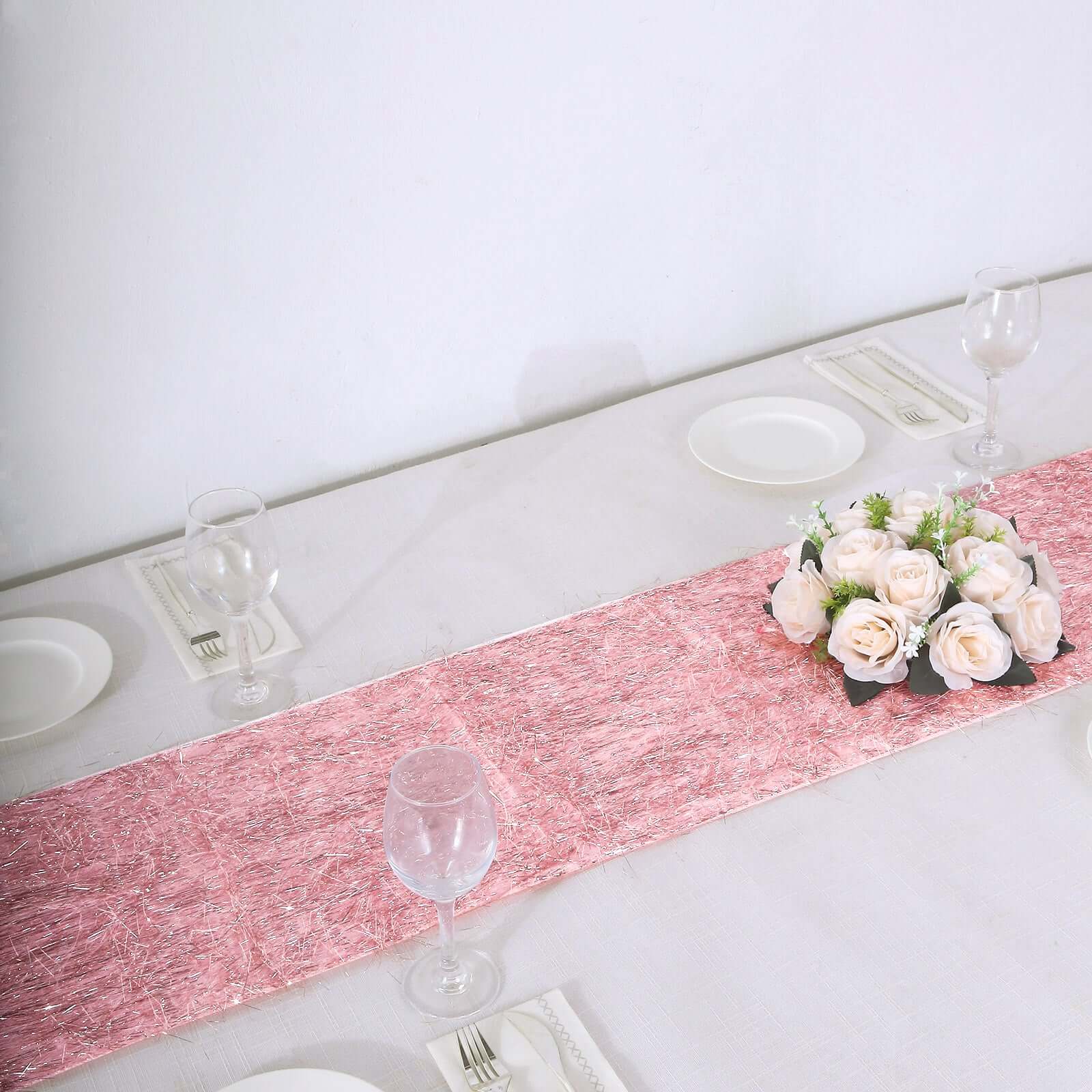 Metallic Tinsel Table Runner 12"x108" Rose Gold Fringe Shag - Shimmery Polyester Linen - Image 8