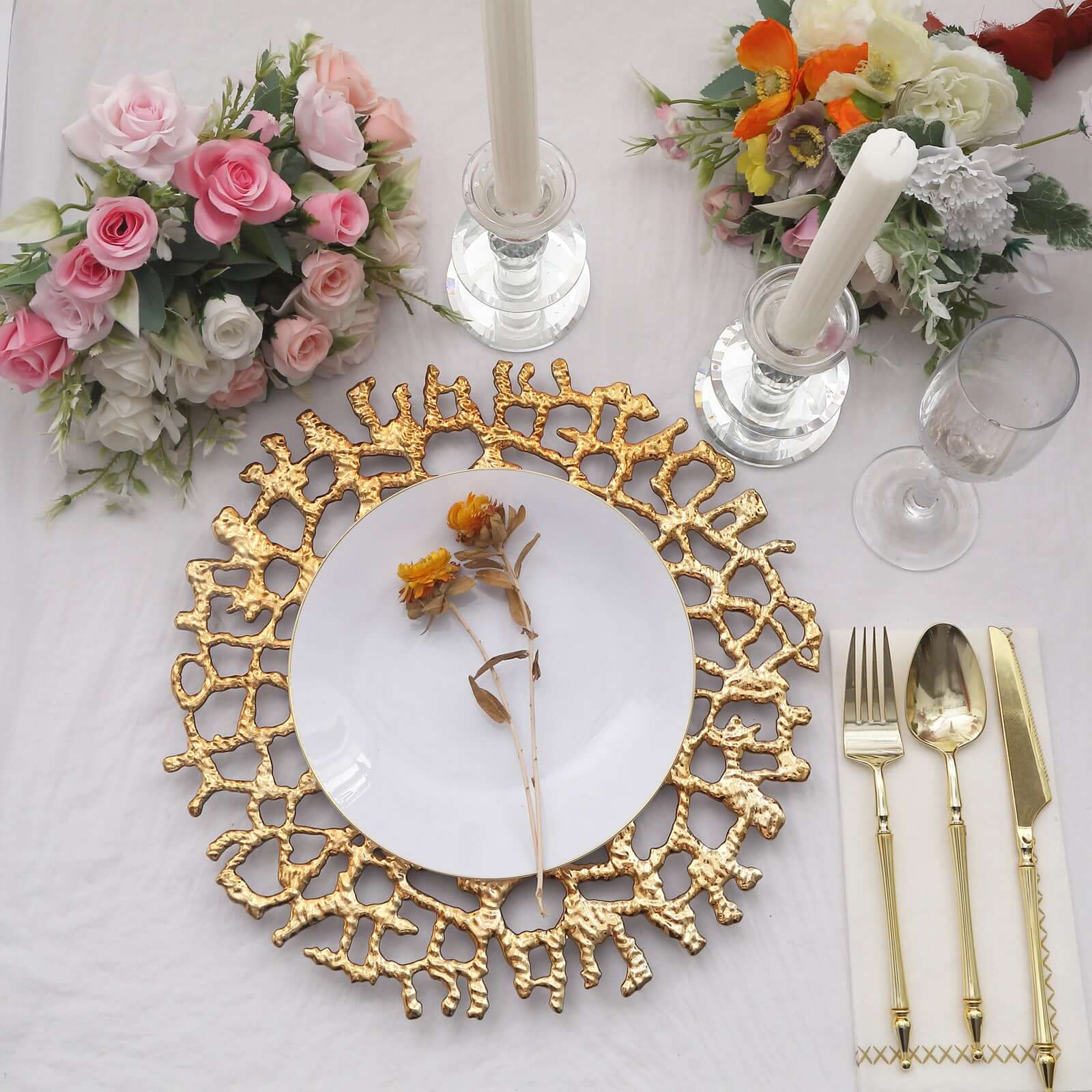 6-Pack Acrylic Charger Plates 13" Round Gold Molten Branch Design - Plastic Hollow Lace Decorative Dinner Party Charger Tableware - Image 2