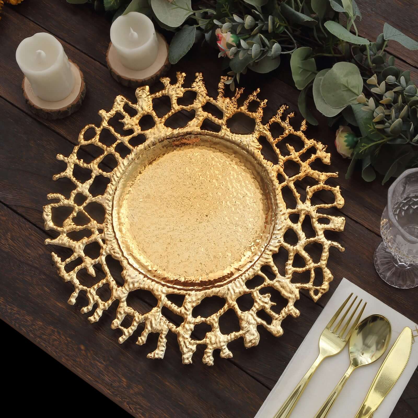 6-Pack Acrylic Charger Plates 13" Round Gold Molten Branch Design - Plastic Hollow Lace Decorative Dinner Party Charger Tableware - Image 4