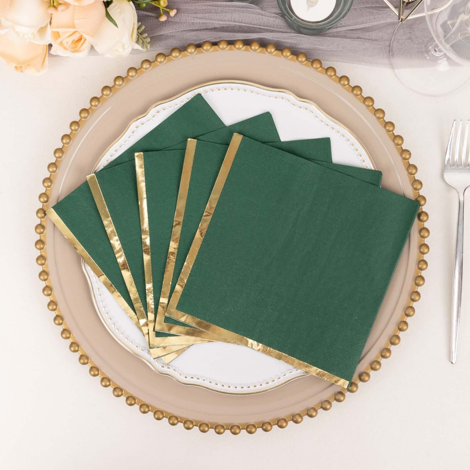50-Pack Paper Beverage Napkins 2 Ply Hunter Emerald Green with Gold Foil Edge 6.5"x6.5" - Soft Disposable Cocktail Napkins - Image 2