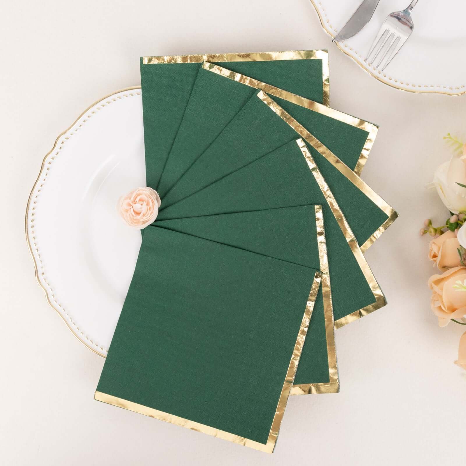 50-Pack Paper Beverage Napkins 2 Ply Hunter Emerald Green with Gold Foil Edge 6.5"x6.5" - Soft Disposable Cocktail Napkins - Image 6