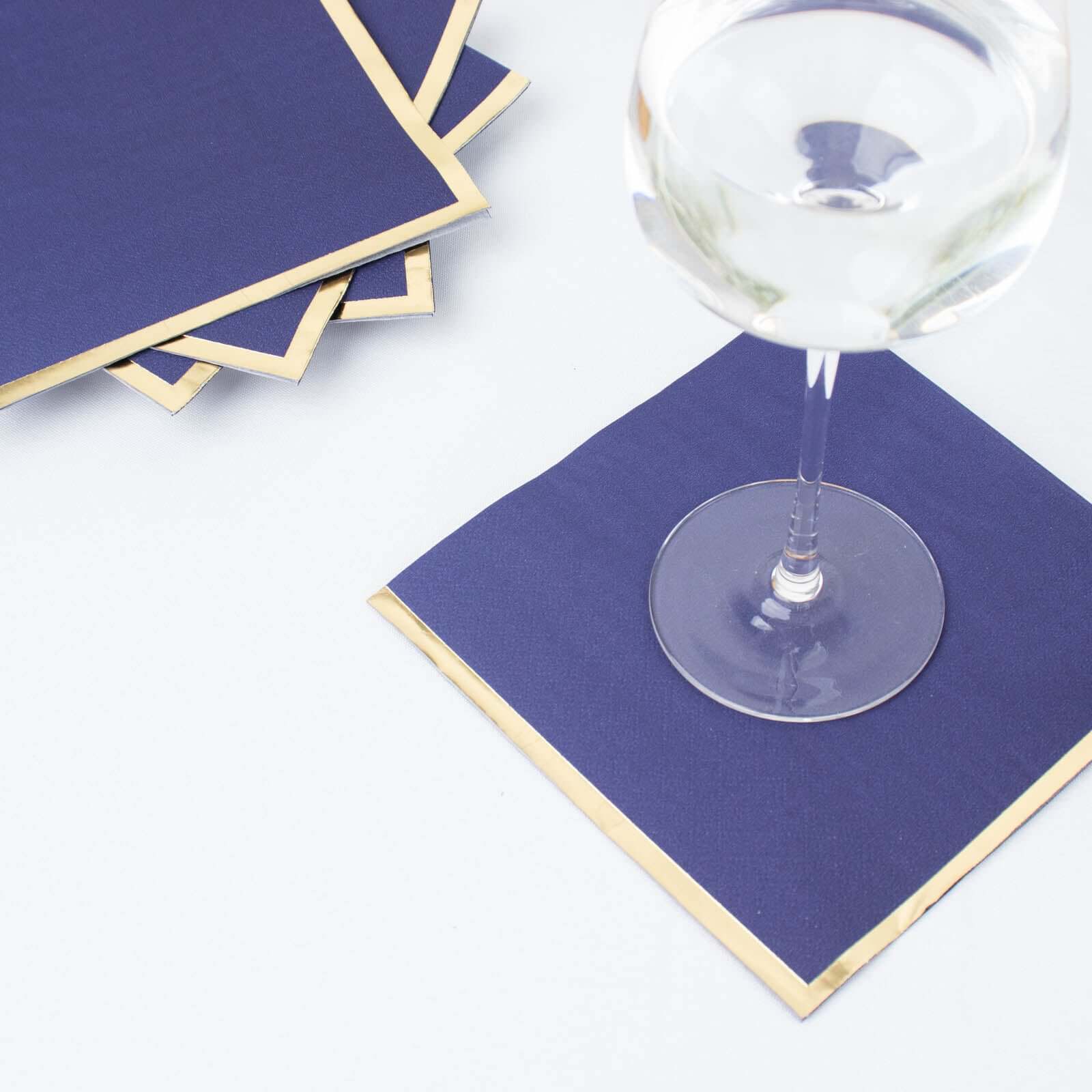 50-Pack Paper Beverage Napkins 2 Ply Navy Blue with Gold Foil Edge 6.5"x6.5" - Soft Disposable Cocktail Napkins