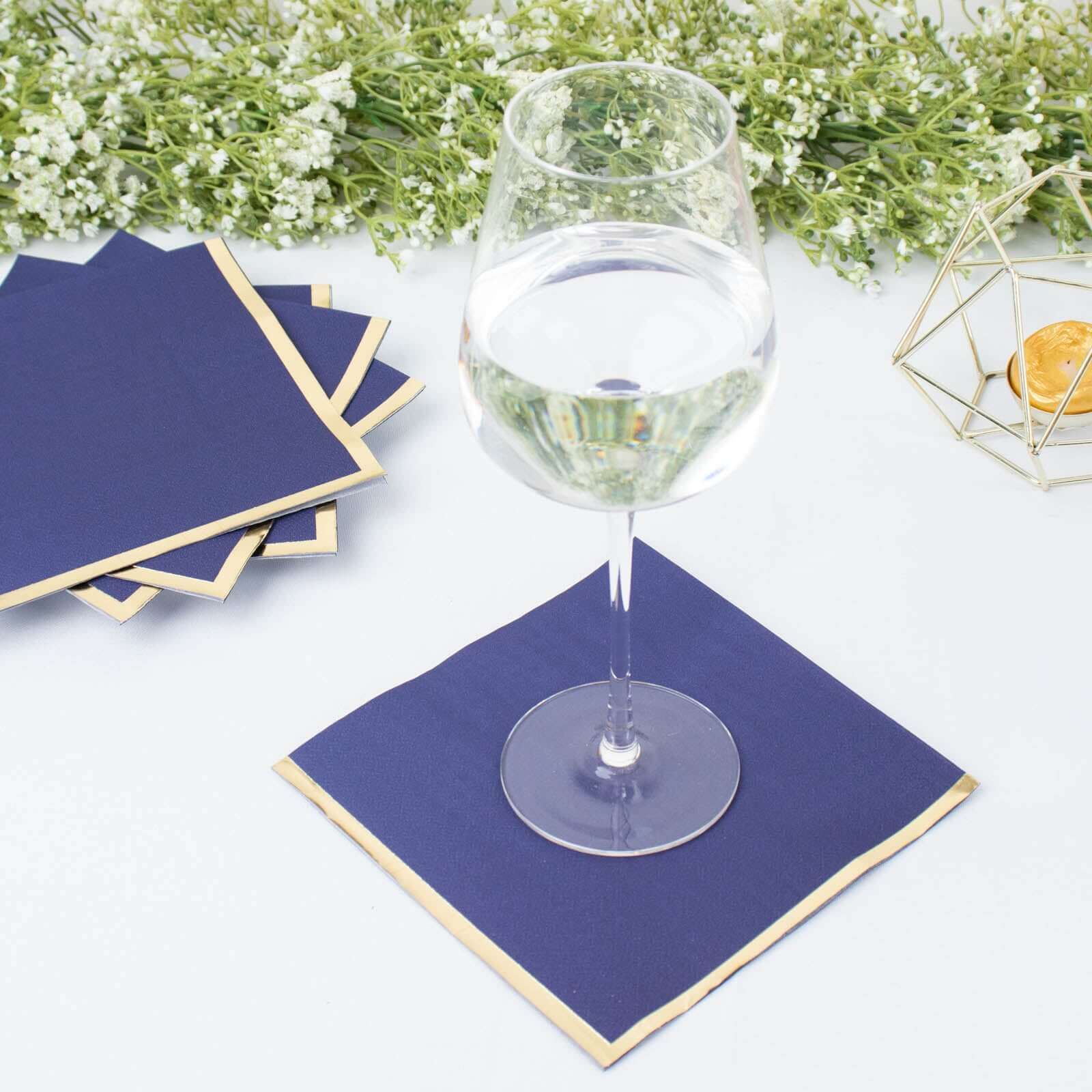 50-Pack Paper Beverage Napkins 2 Ply Navy Blue with Gold Foil Edge 6.5"x6.5" - Soft Disposable Cocktail Napkins - Image 2