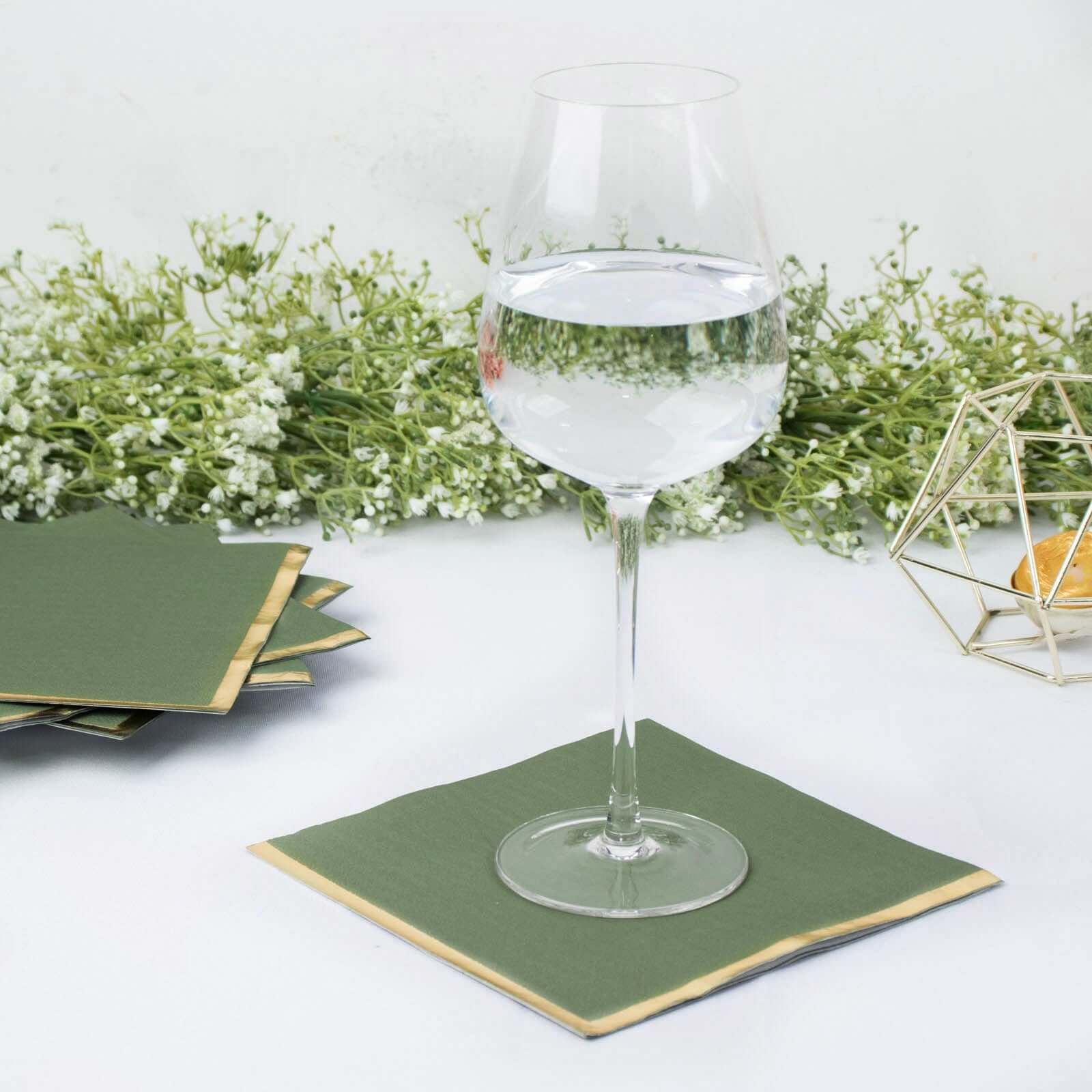 50-Pack Paper Beverage Napkins 2 Ply Olive Green with Gold Foil Edge 6.5"x6.5" - Soft Disposable Cocktail Napkins - Image 2