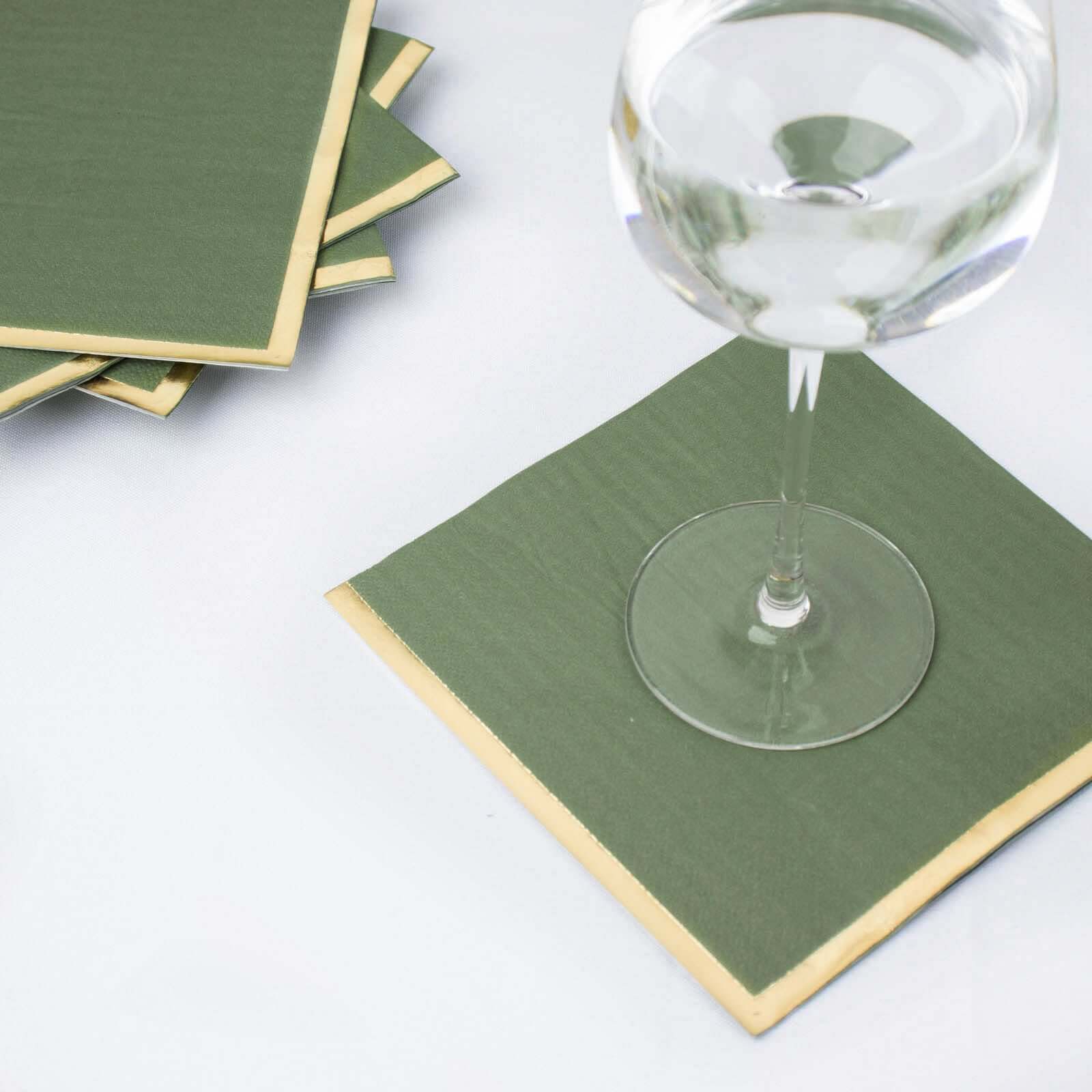 50-Pack Paper Beverage Napkins 2 Ply Olive Green with Gold Foil Edge 6.5"x6.5" - Soft Disposable Cocktail Napkins - Image 5