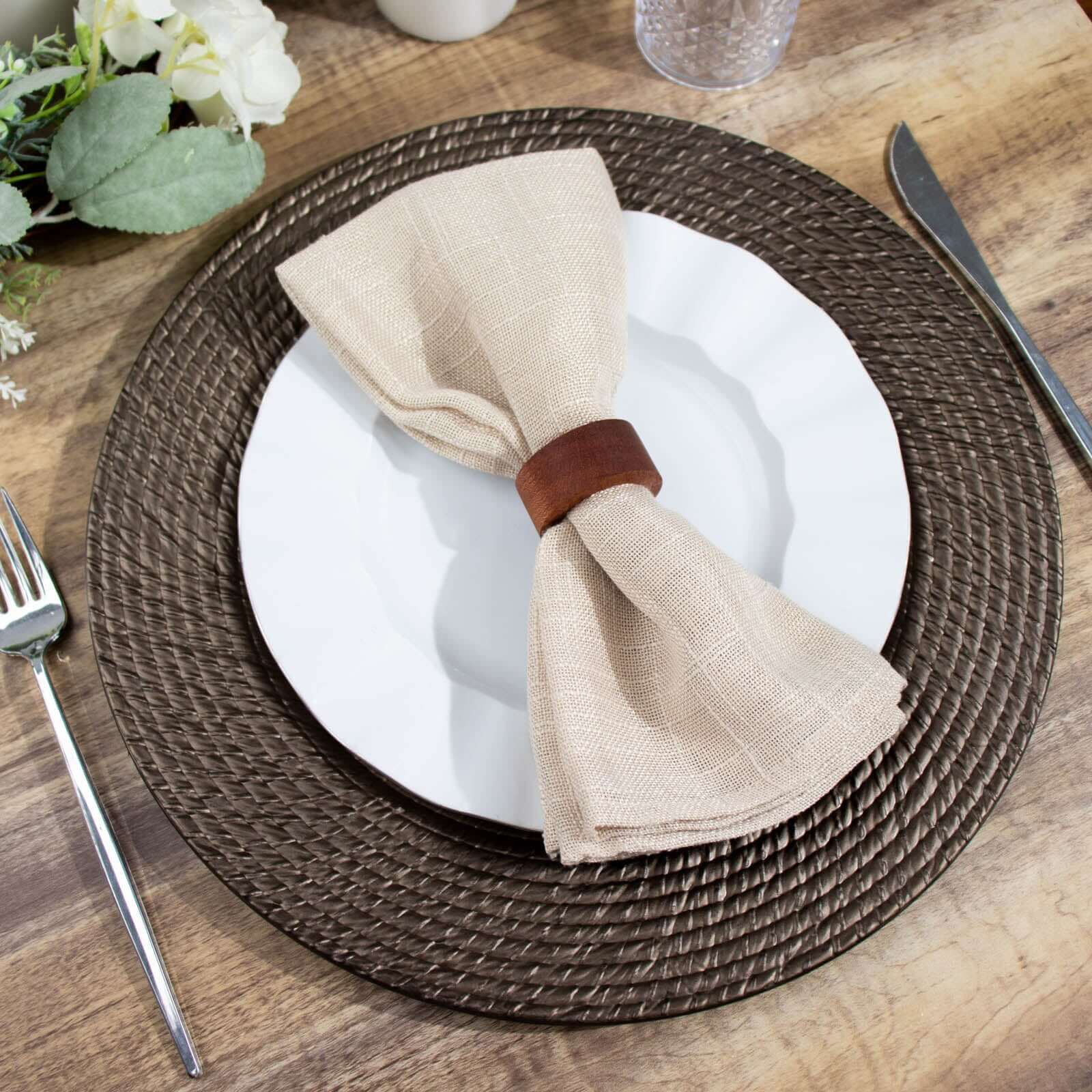 6-Pack Acrylic Charger Plates 13" Round Natural Brown with Rattan-Like Design - Farmhouse Disposable Plastic Charger Tableware - Image 2