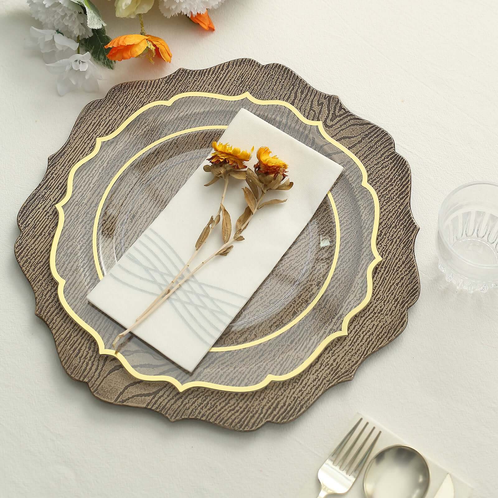 6-Pack Acrylic Charger Plates 13" Round Rustic Natural with Wood Grain Scalloped Rim - Dinner Charger Tableware - Image 2